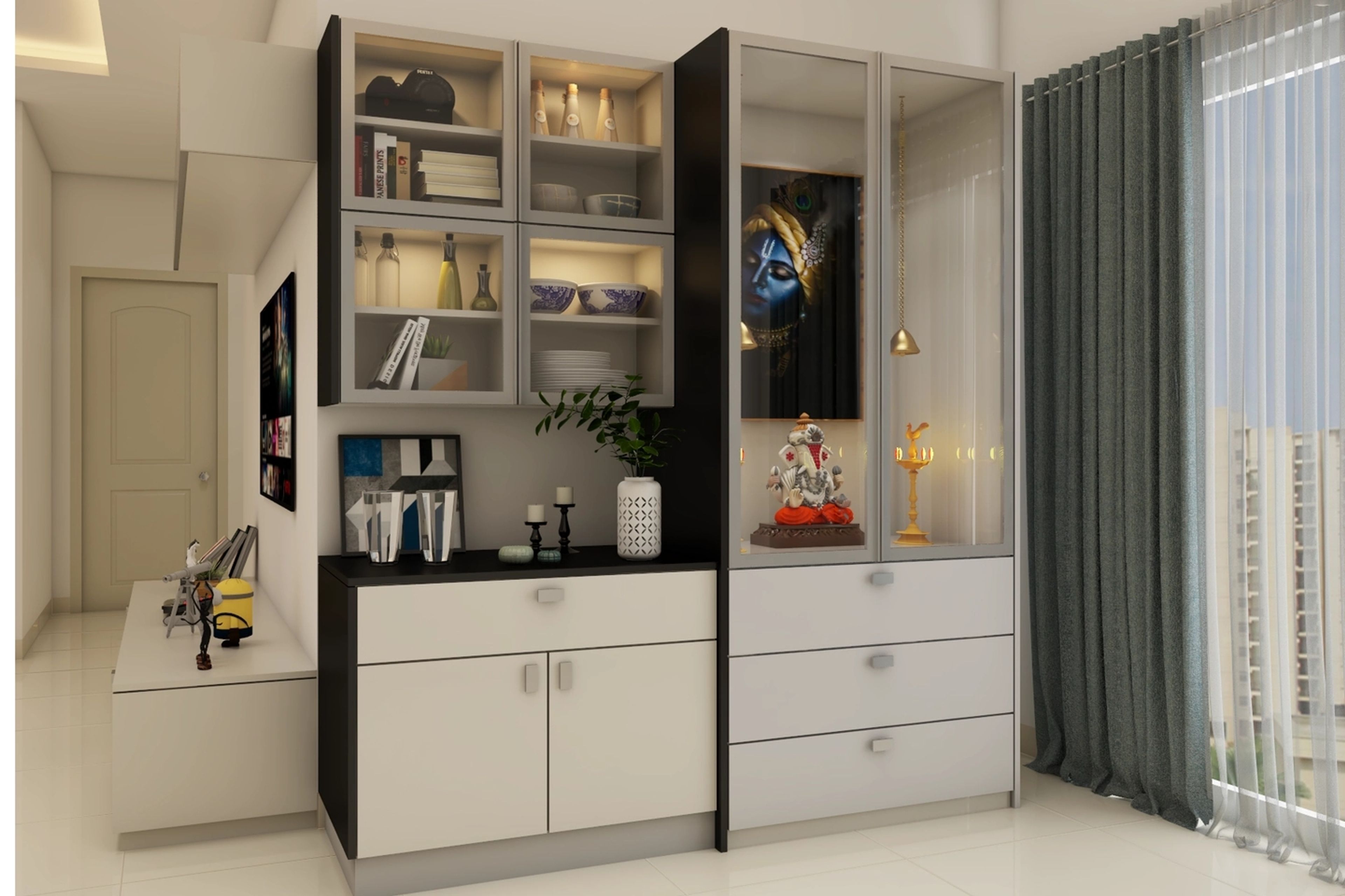 Modern Pooja Unit Design With Storage Drawers