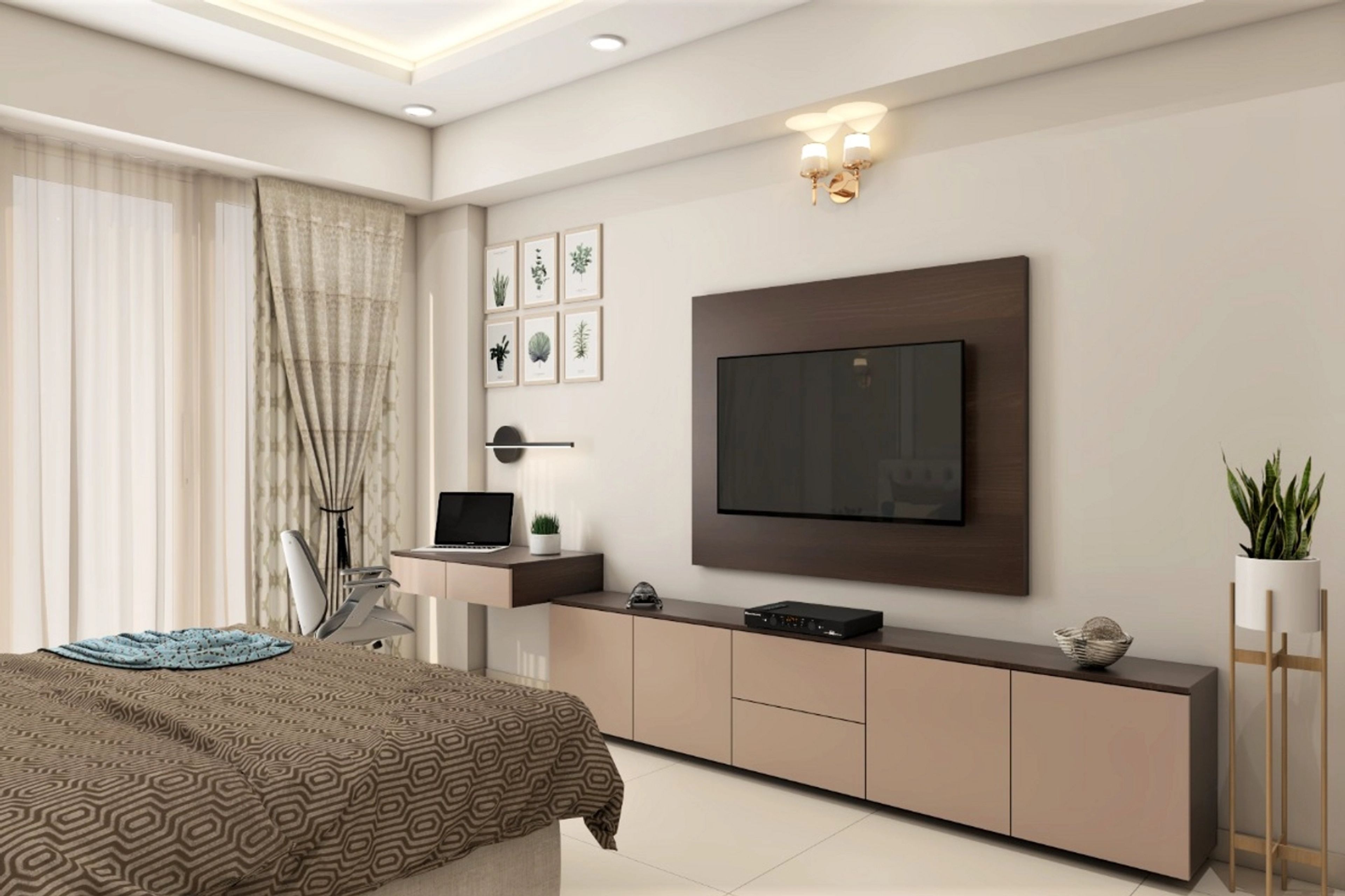 Modern Spacious Master Bedroom Interior Design with Green Accent Sofa - Livspace