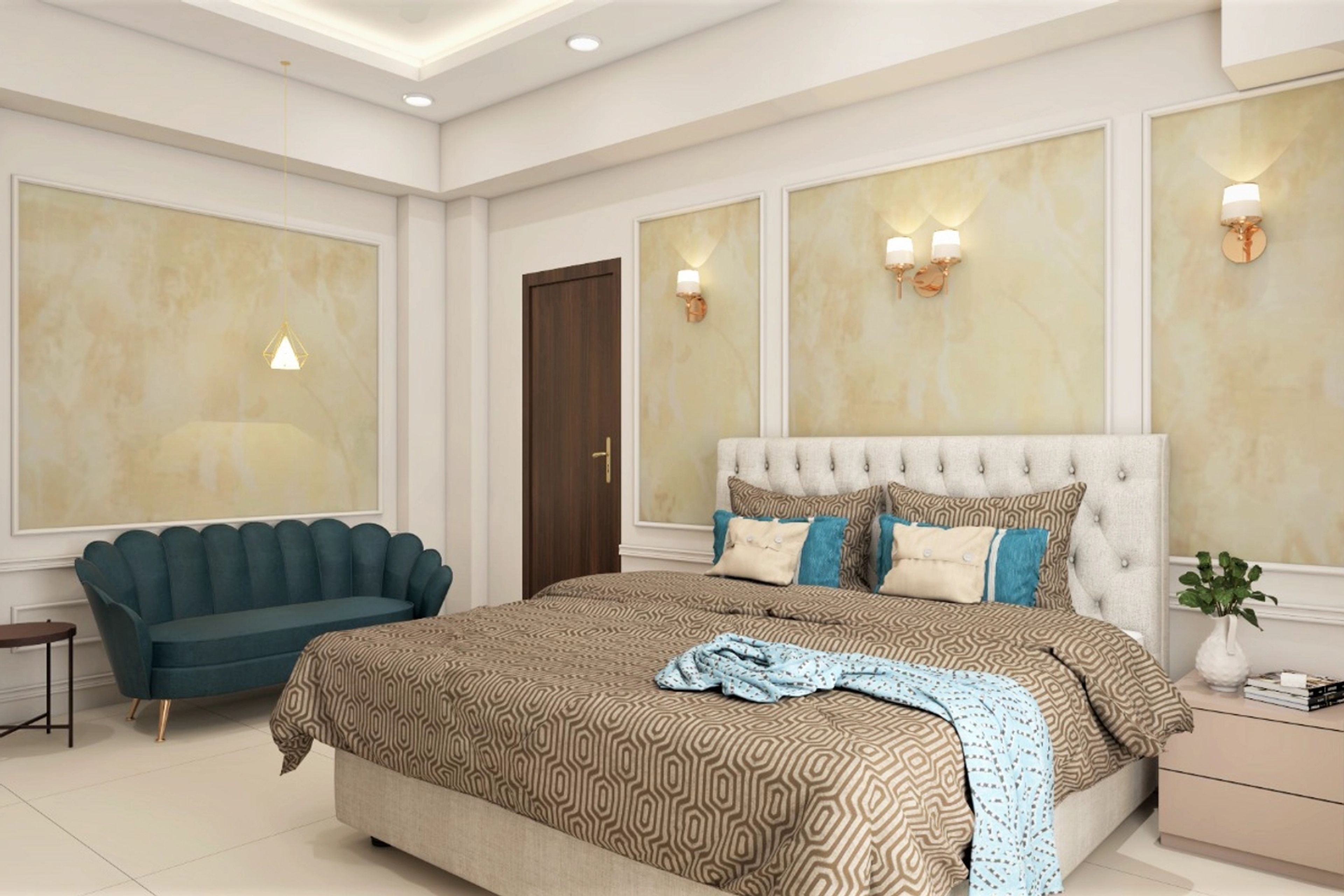 Modern Spacious Master Bedroom Interior Design with Green Accent Sofa