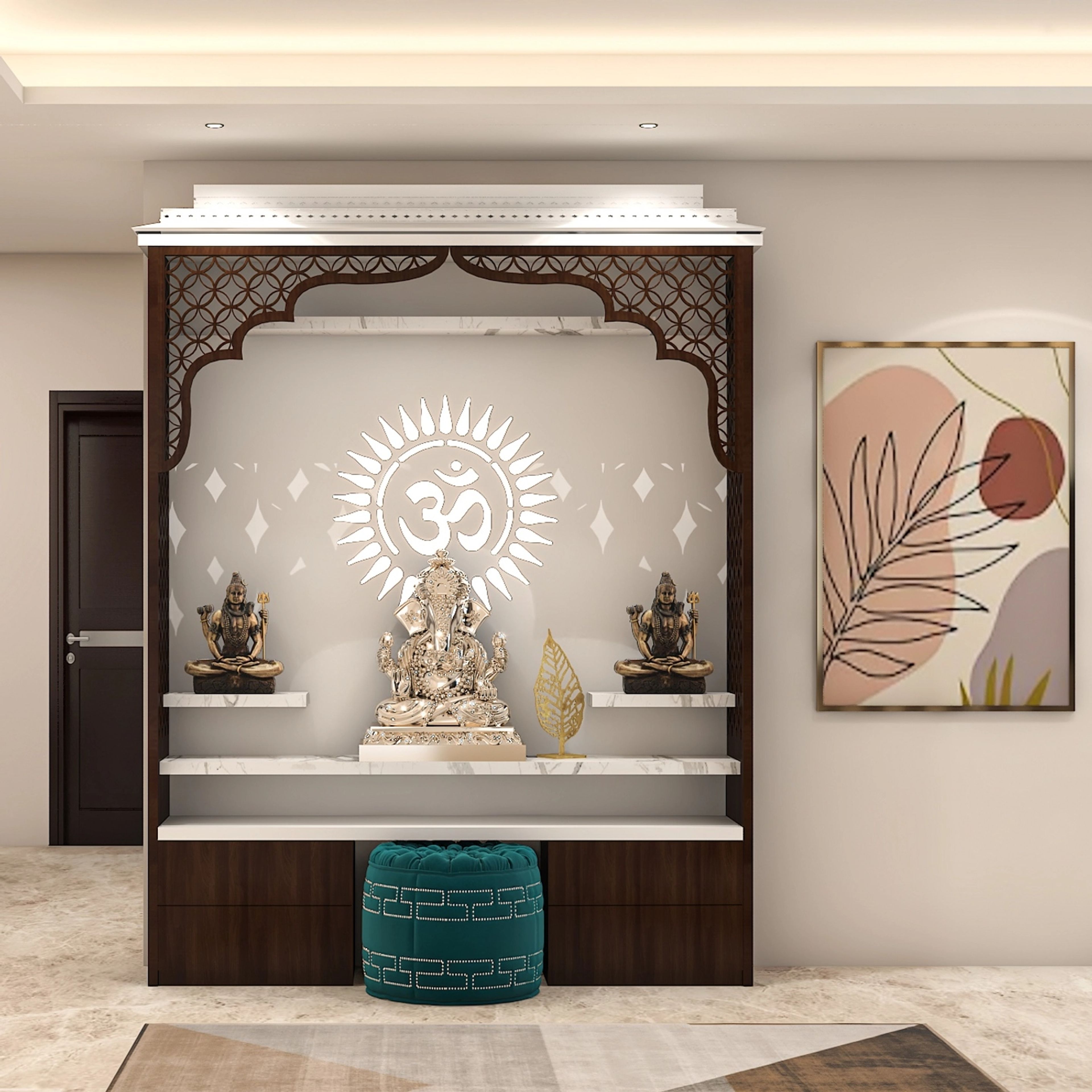 Modern Style Spacious Pooja Room Design With Wooden Textures