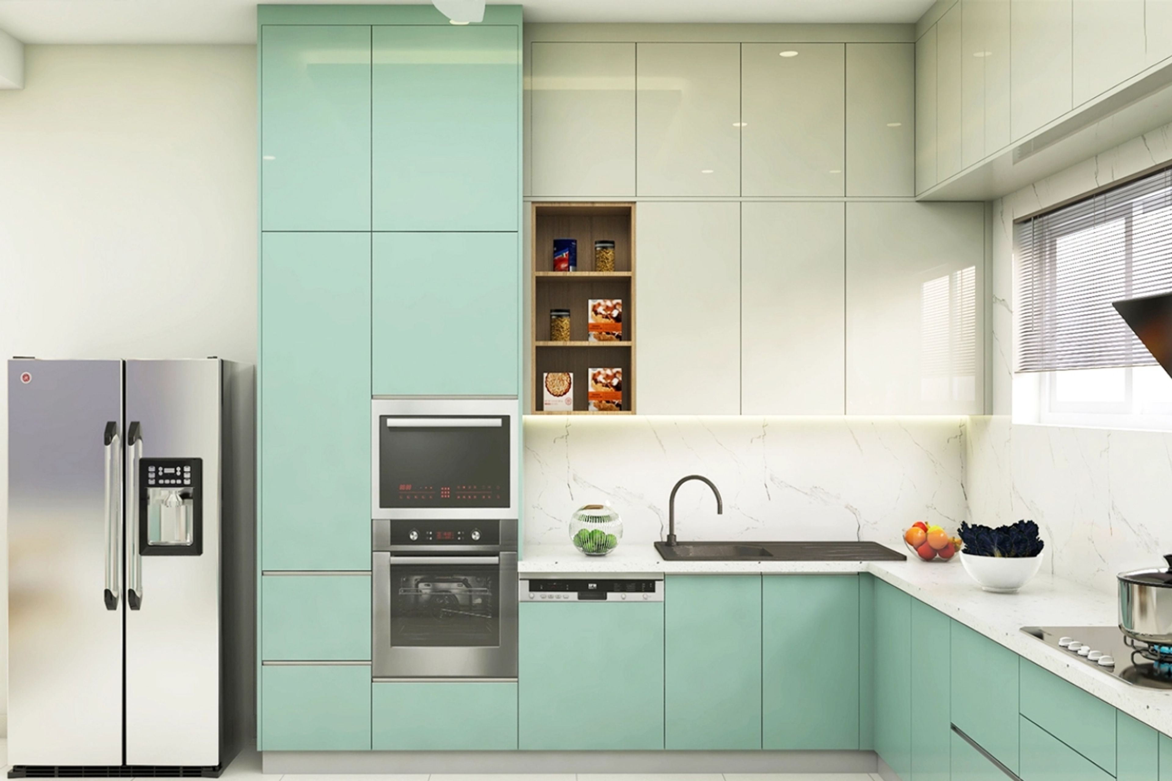 Green And White Glossy Kitchen - Livspace