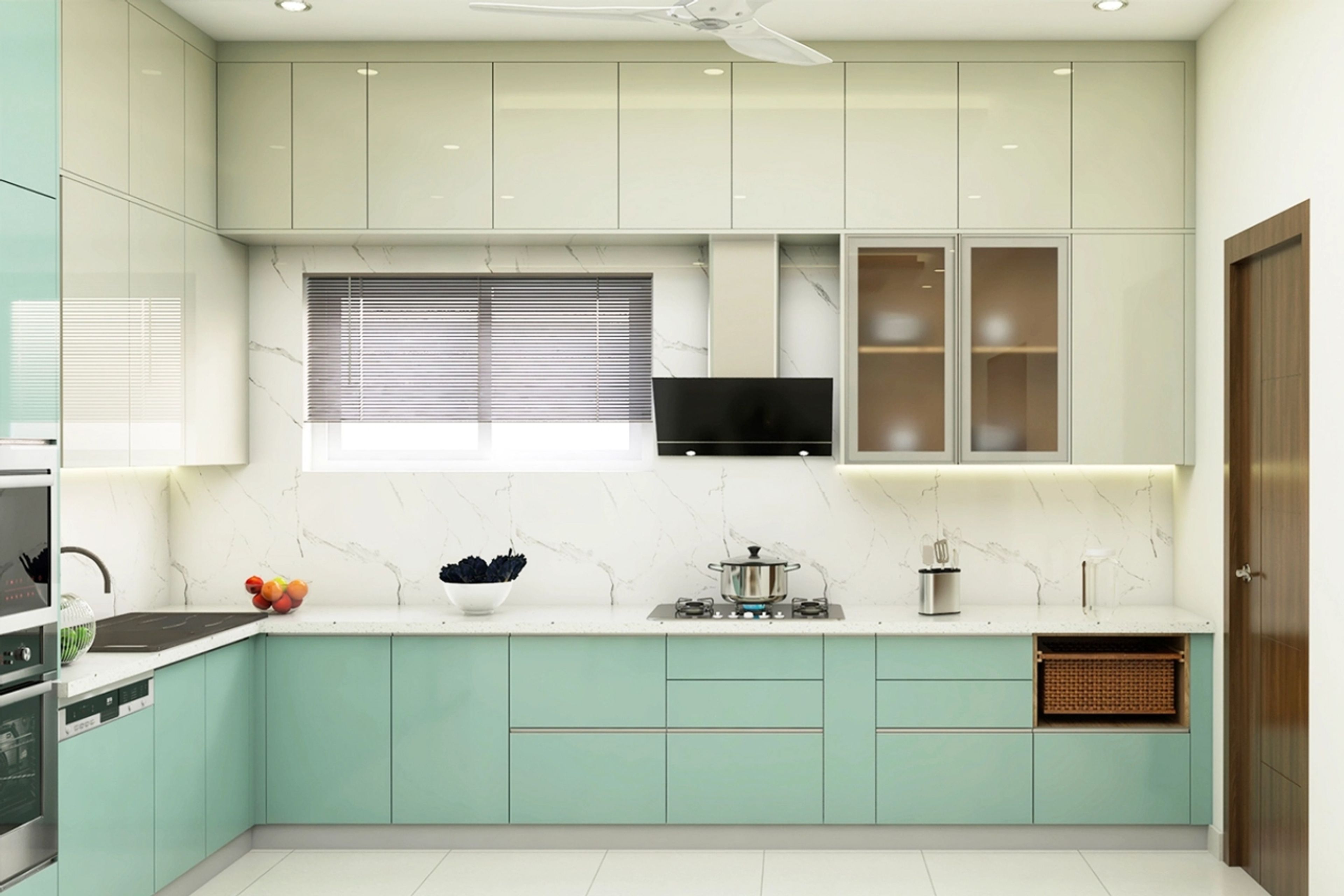 Green And White Glossy Kitchen - Livspace