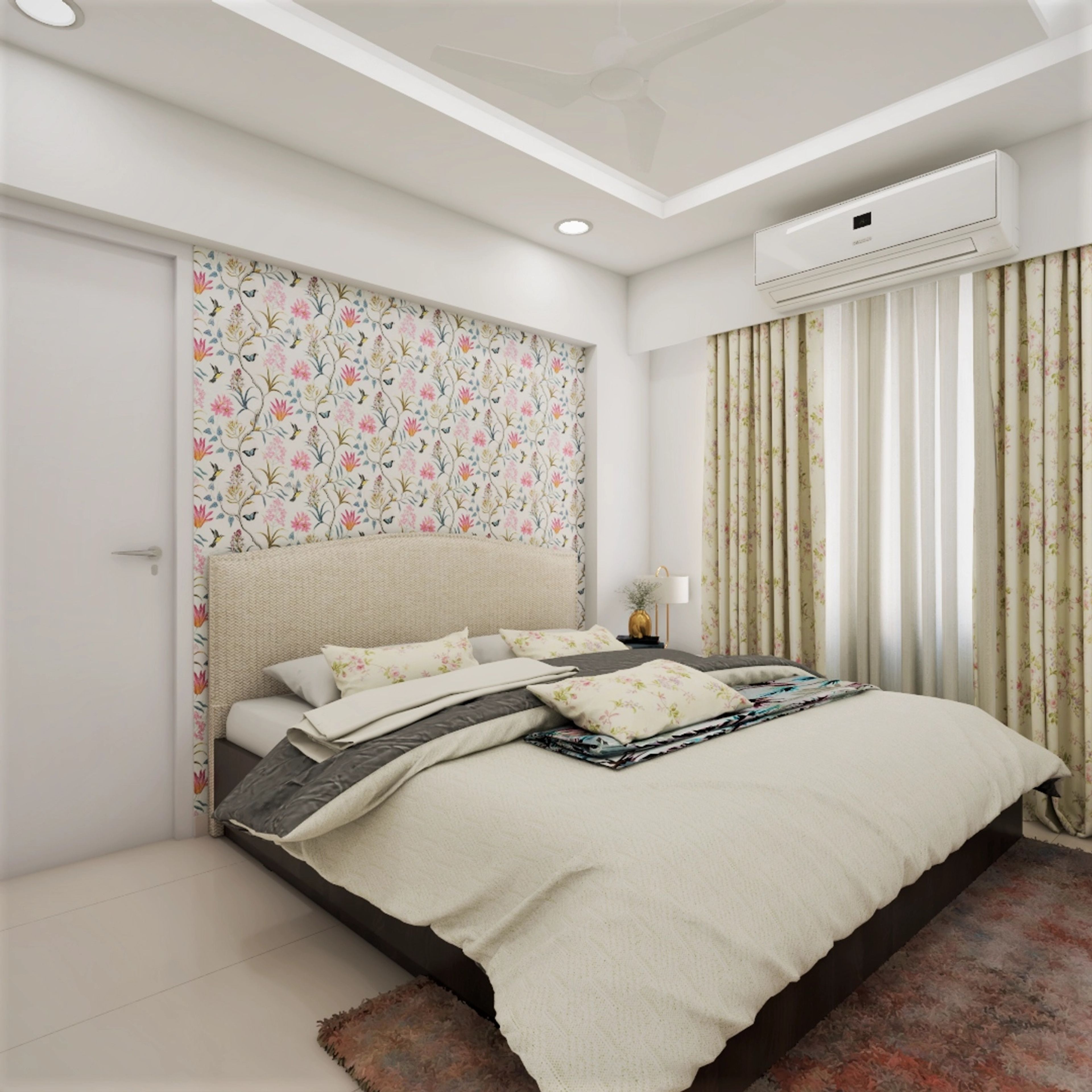 Small Minimal Master Bedroom With Beautiful Wallpaper