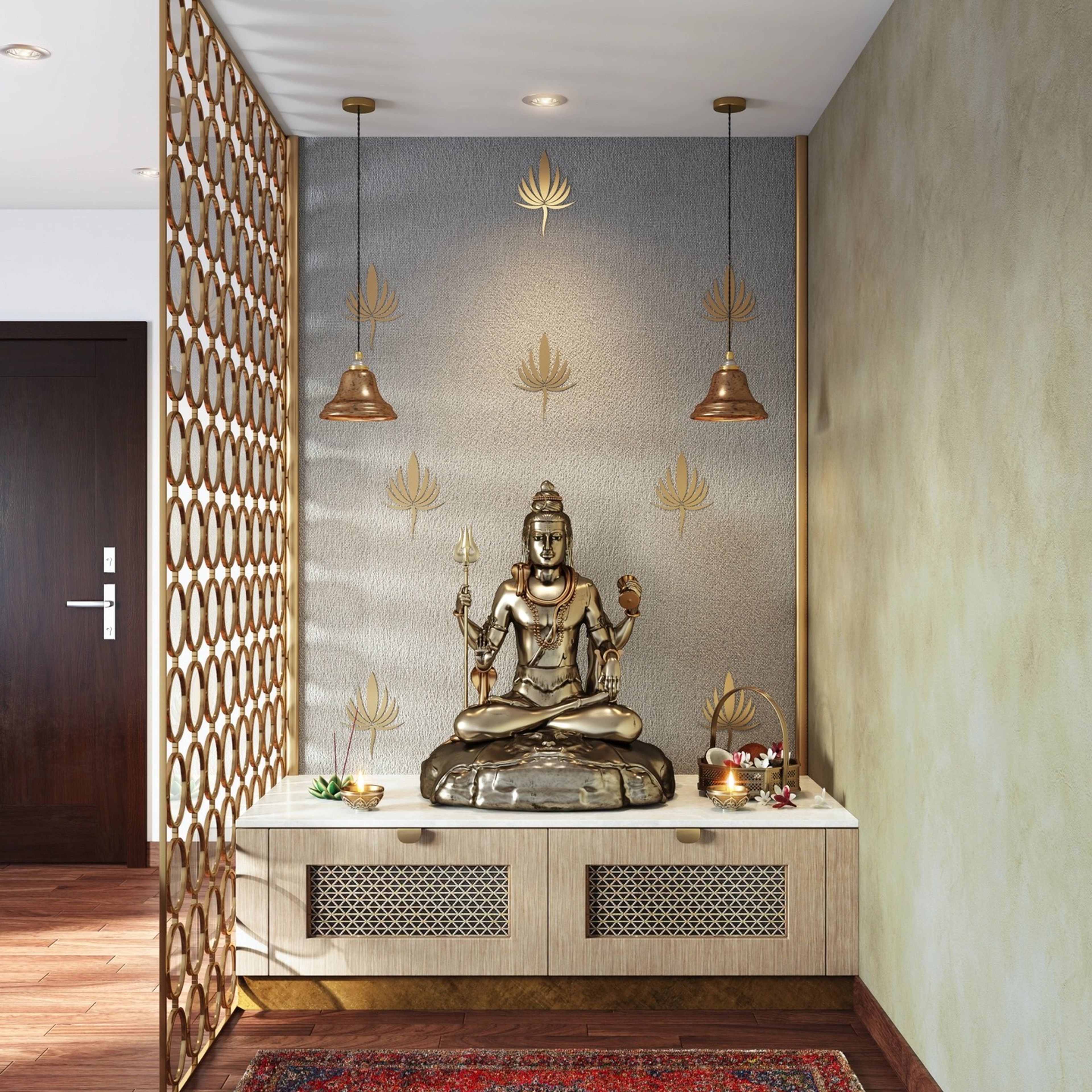 Small Pooja Room With Stenciled Metallic Painting