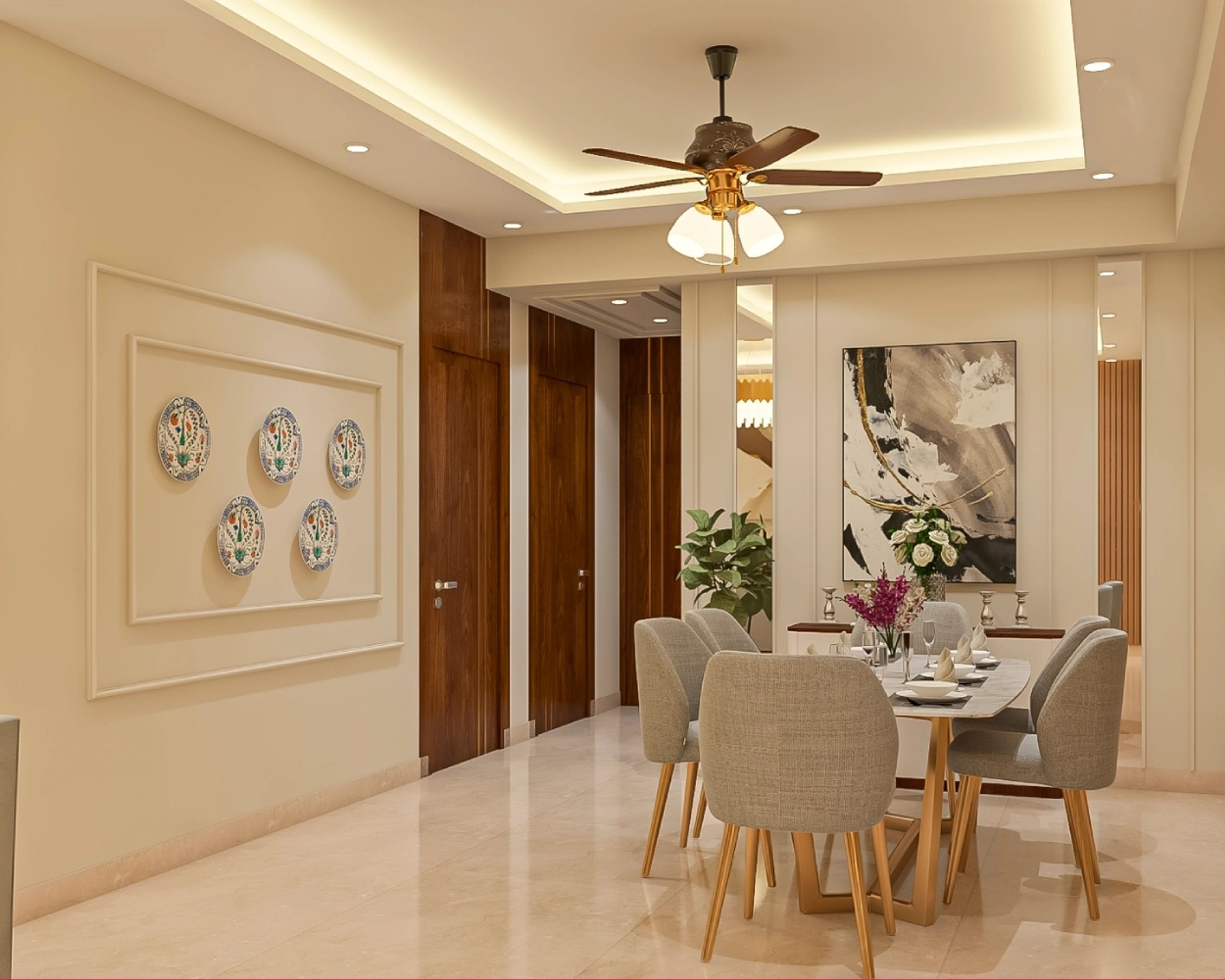 Spacious 6-Seater Dining Room Design With Peripheral False Ceiling