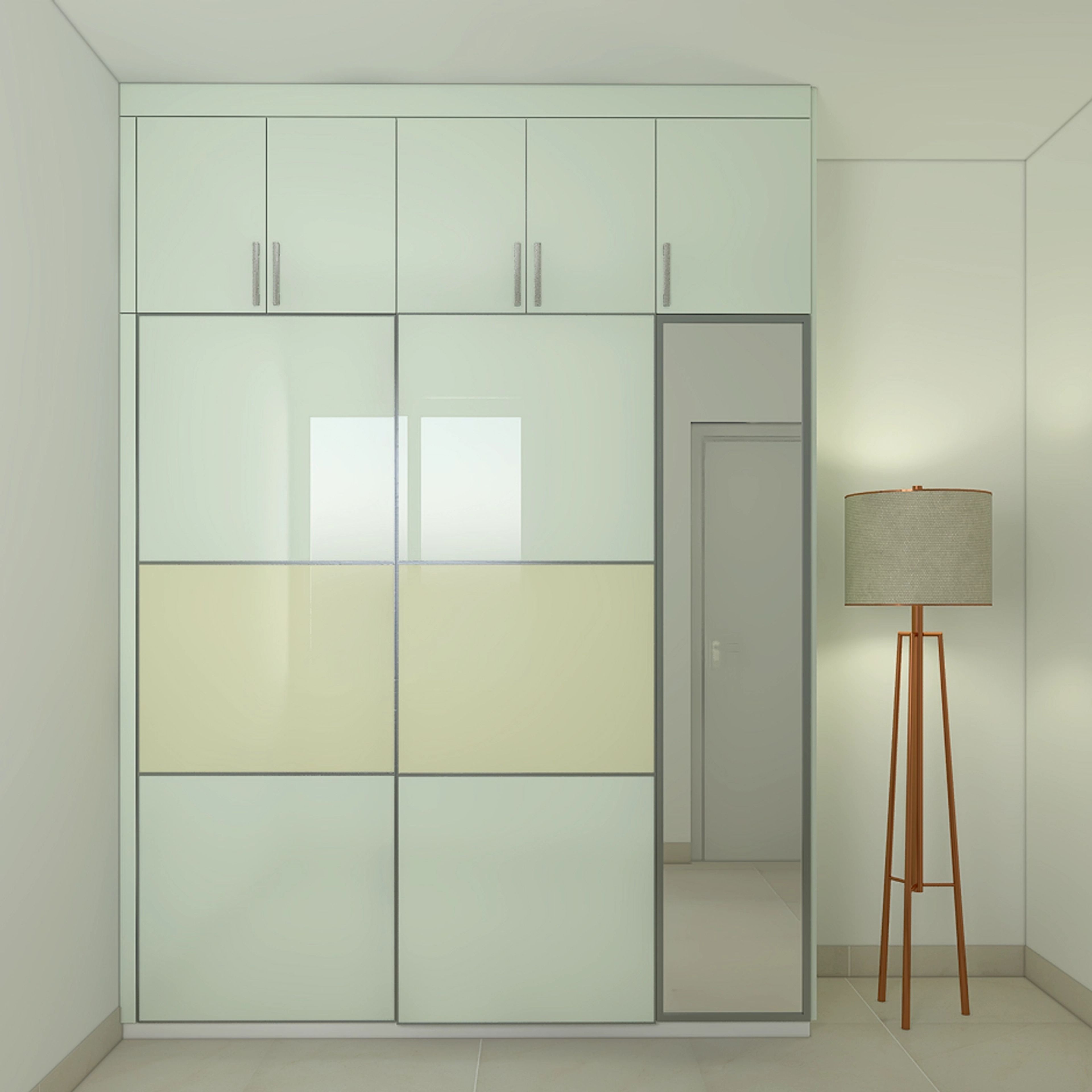 Straight Sliding Door Wardrobe Design with Loft Storage and Long Mirror