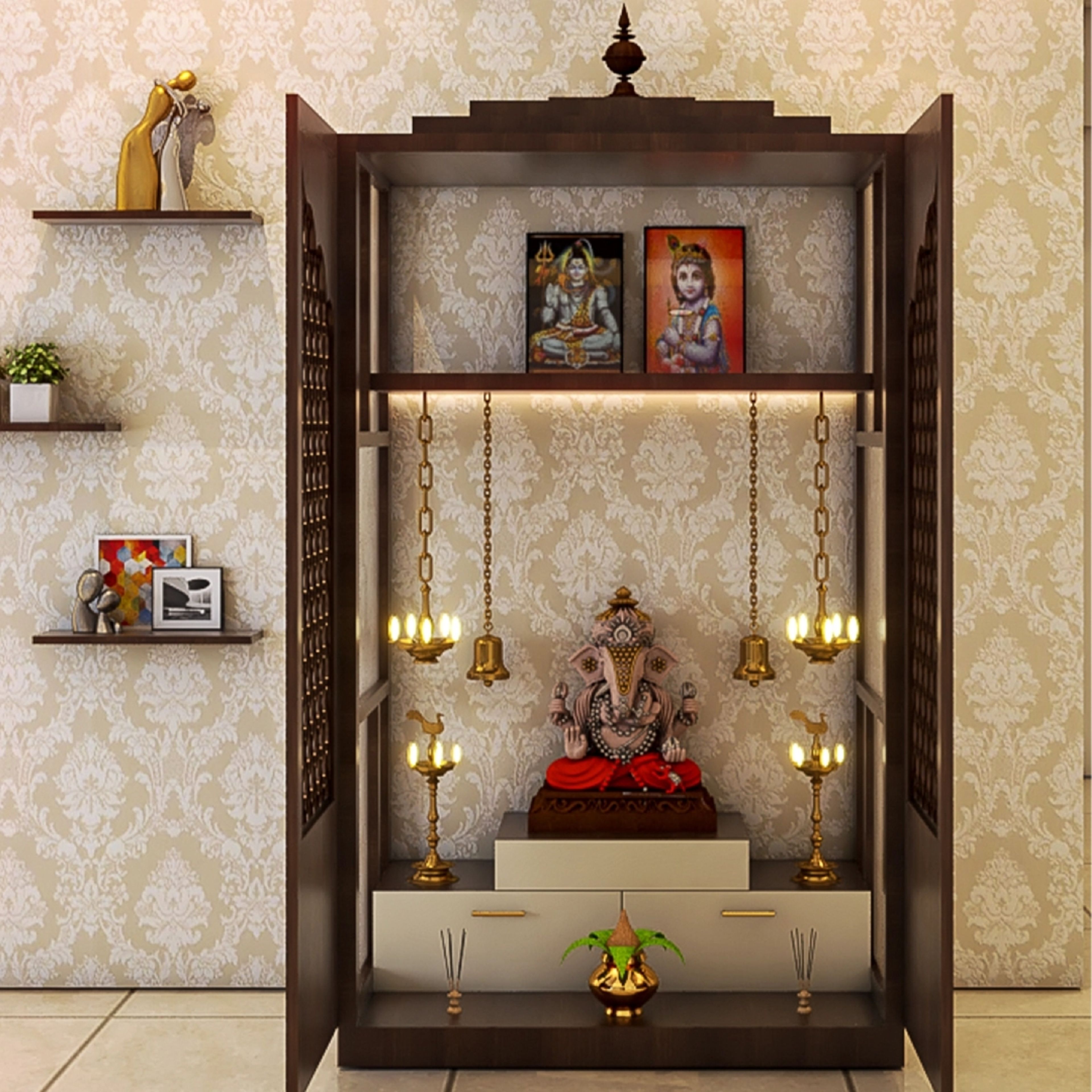 Wooden Modern Spacious Pooja Room Design with Patterned Door