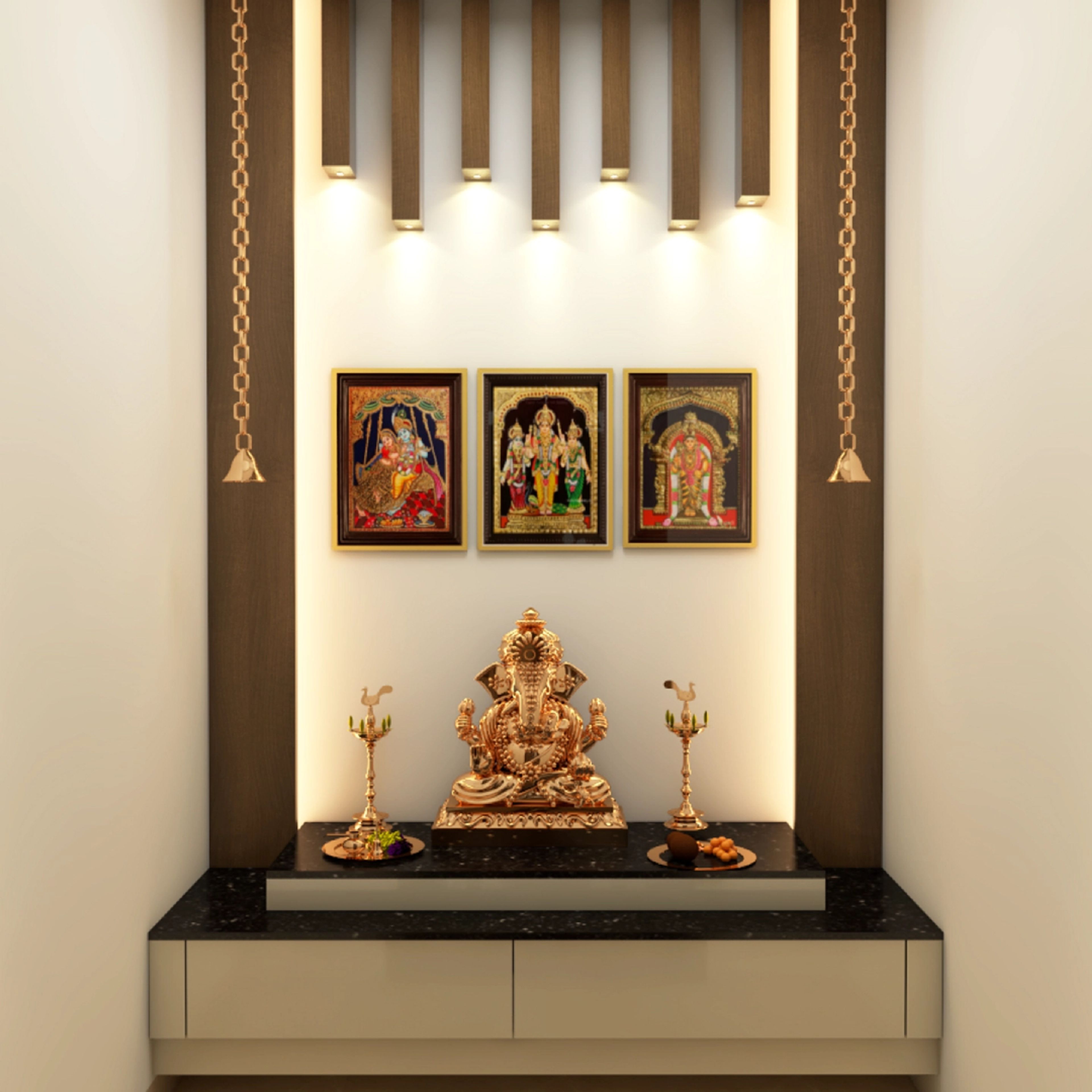Wooden Traditional Spacious Pooja Room Design with Drawers