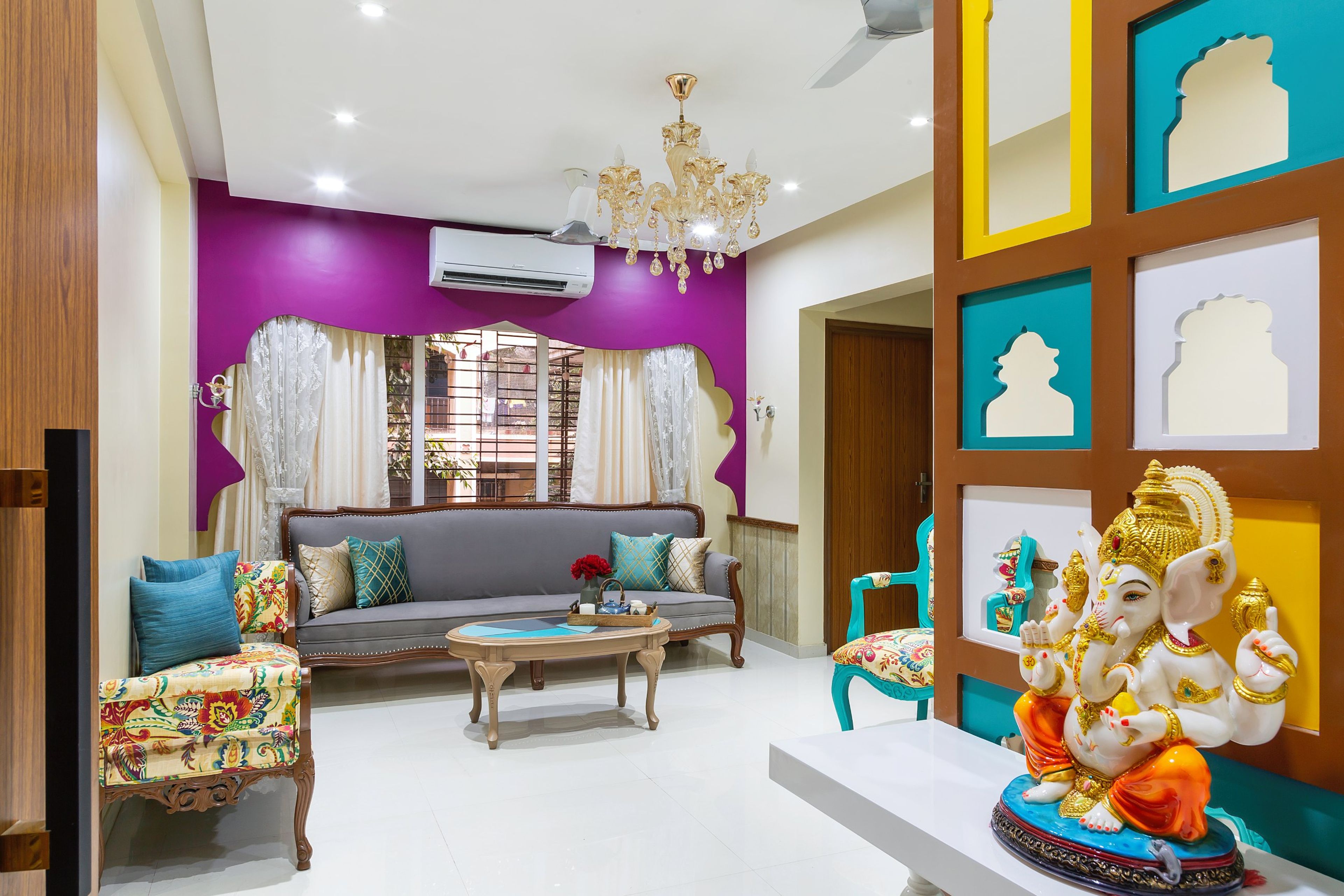 Modern Plain False Ceiling Design With Chandelier And Cob Lights