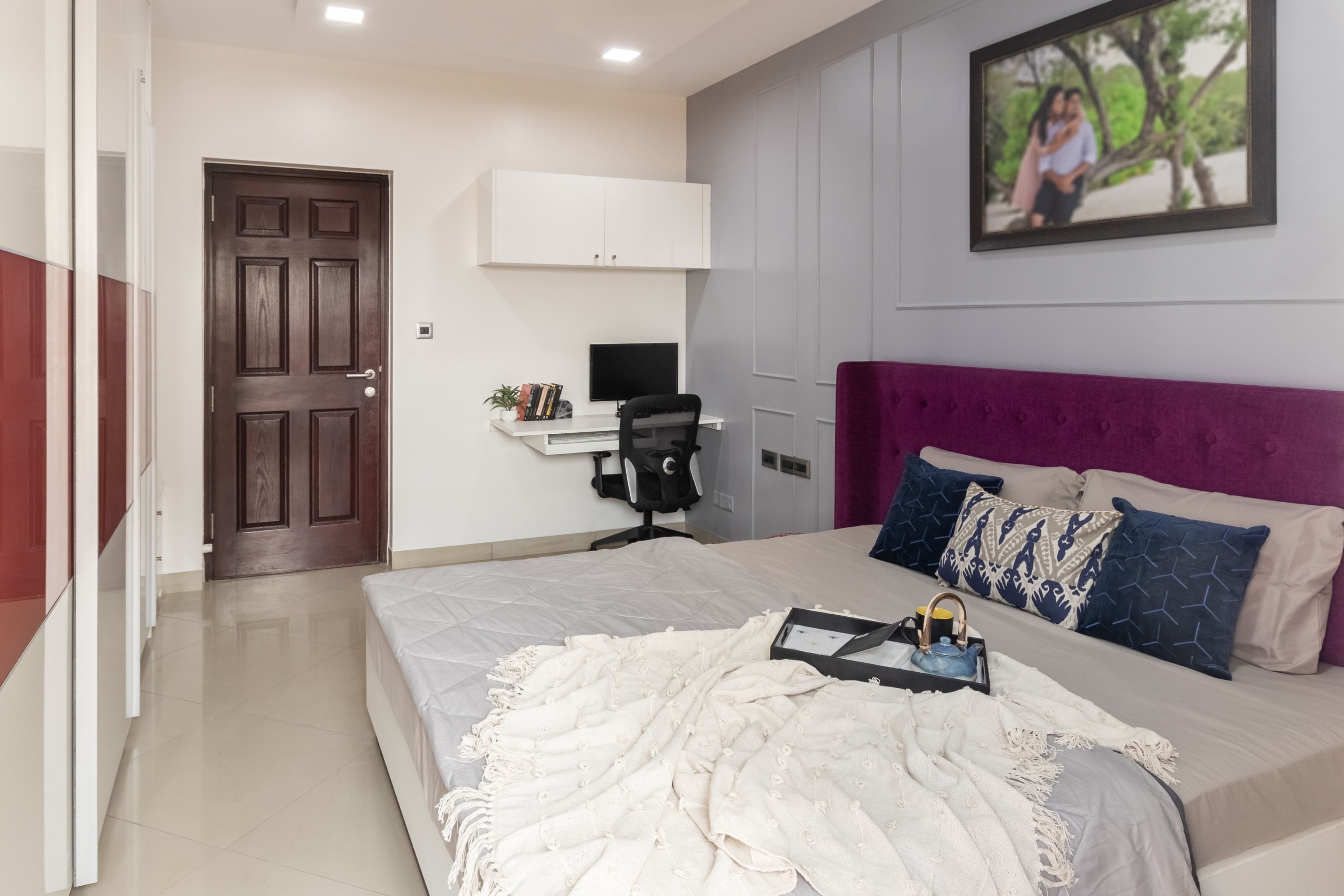 False ceiling with square LED lights in a room - Livspace