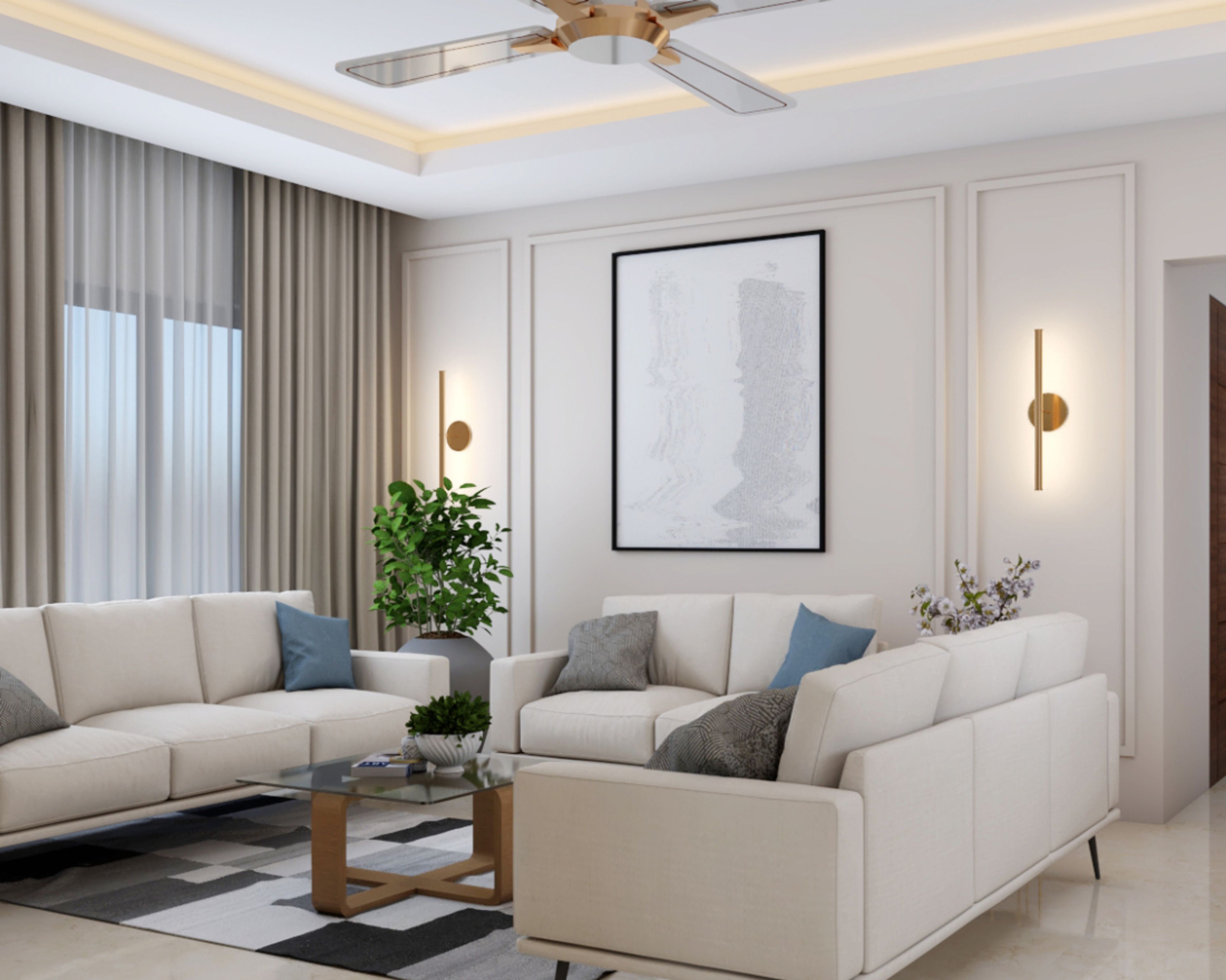 White Living Room Wall Design With Indoor Plants - Livspace