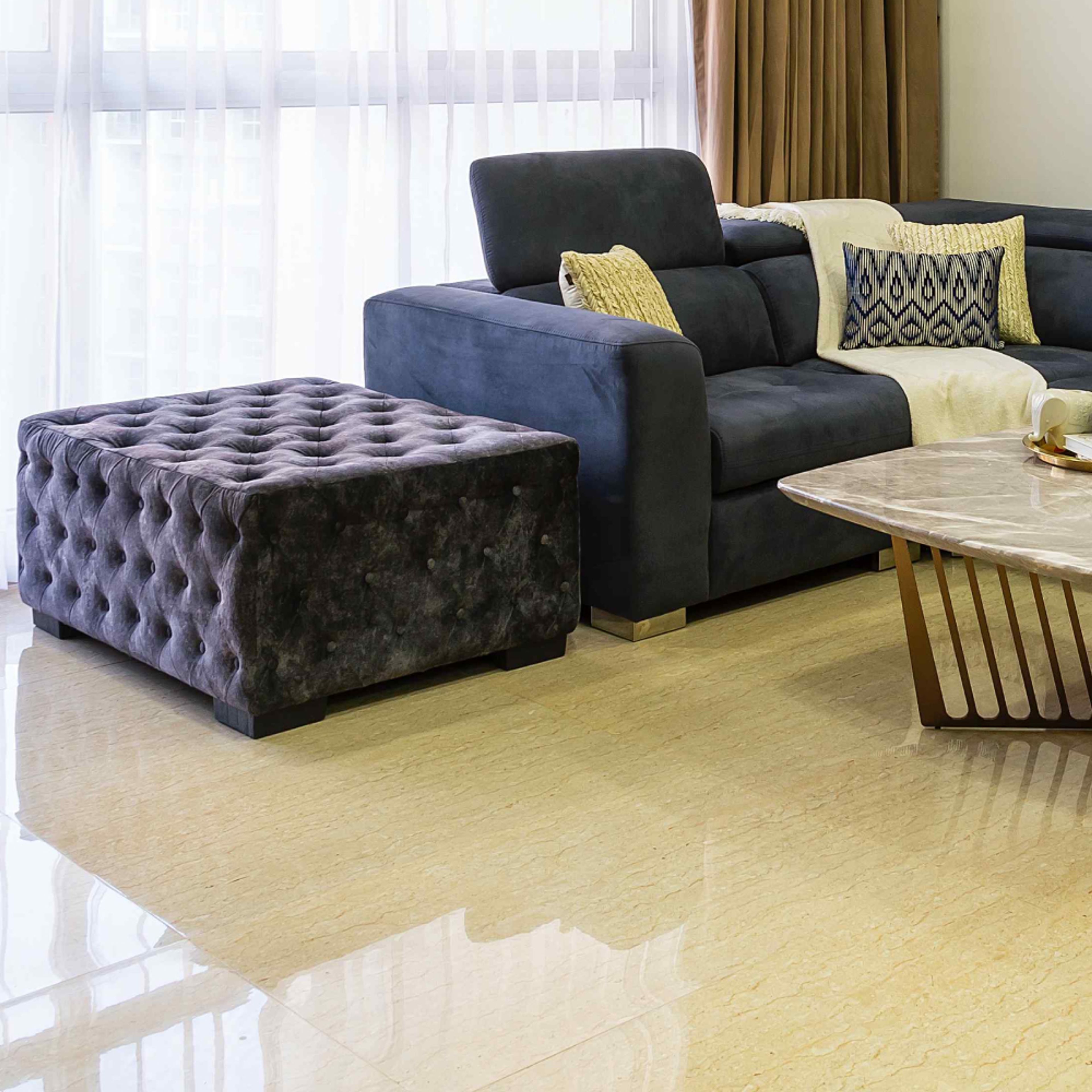 Glossy Beige Living Room Floor Tiles - Livspace
