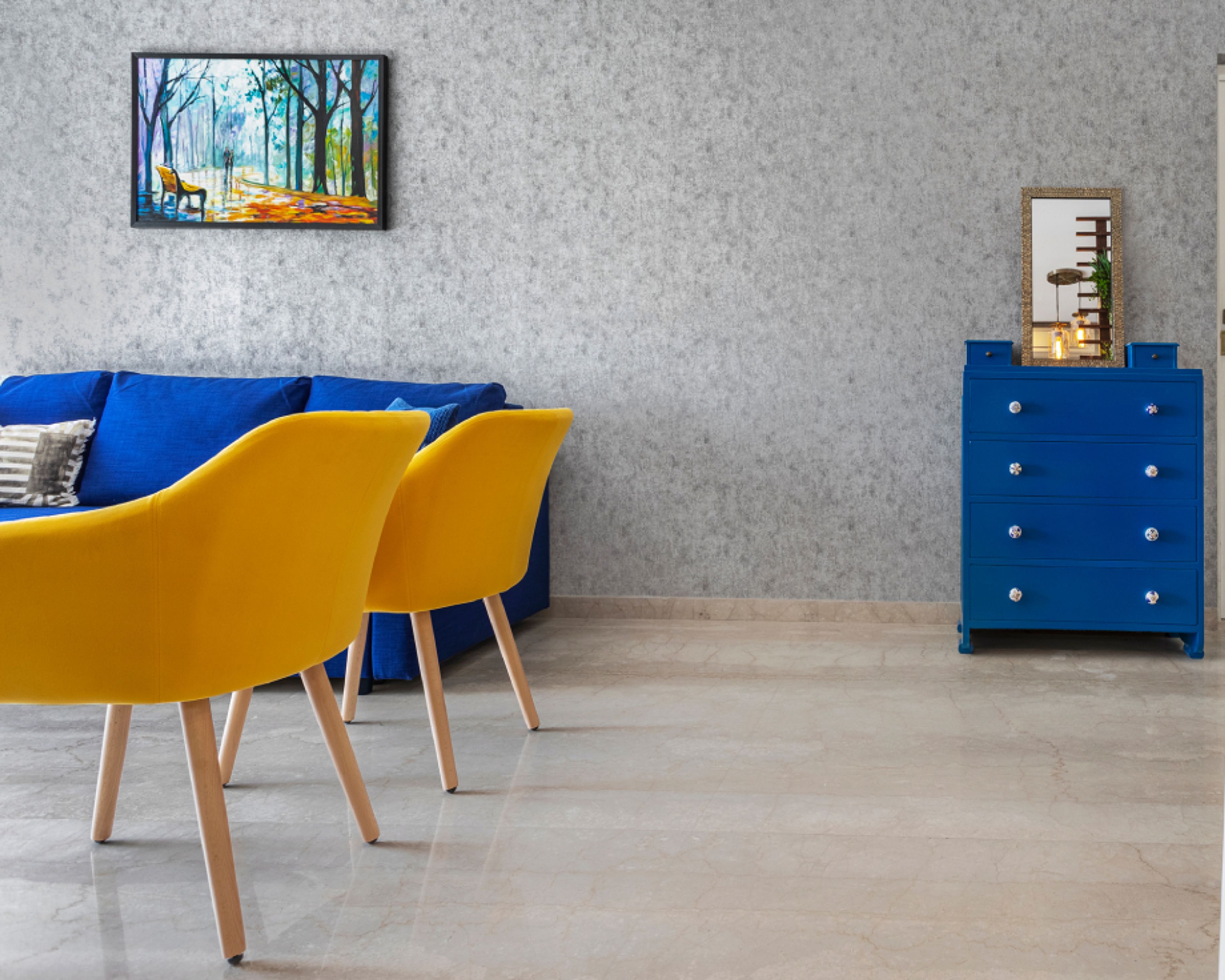 Light-Coloured Glossy Living Room Tiles - Livspace