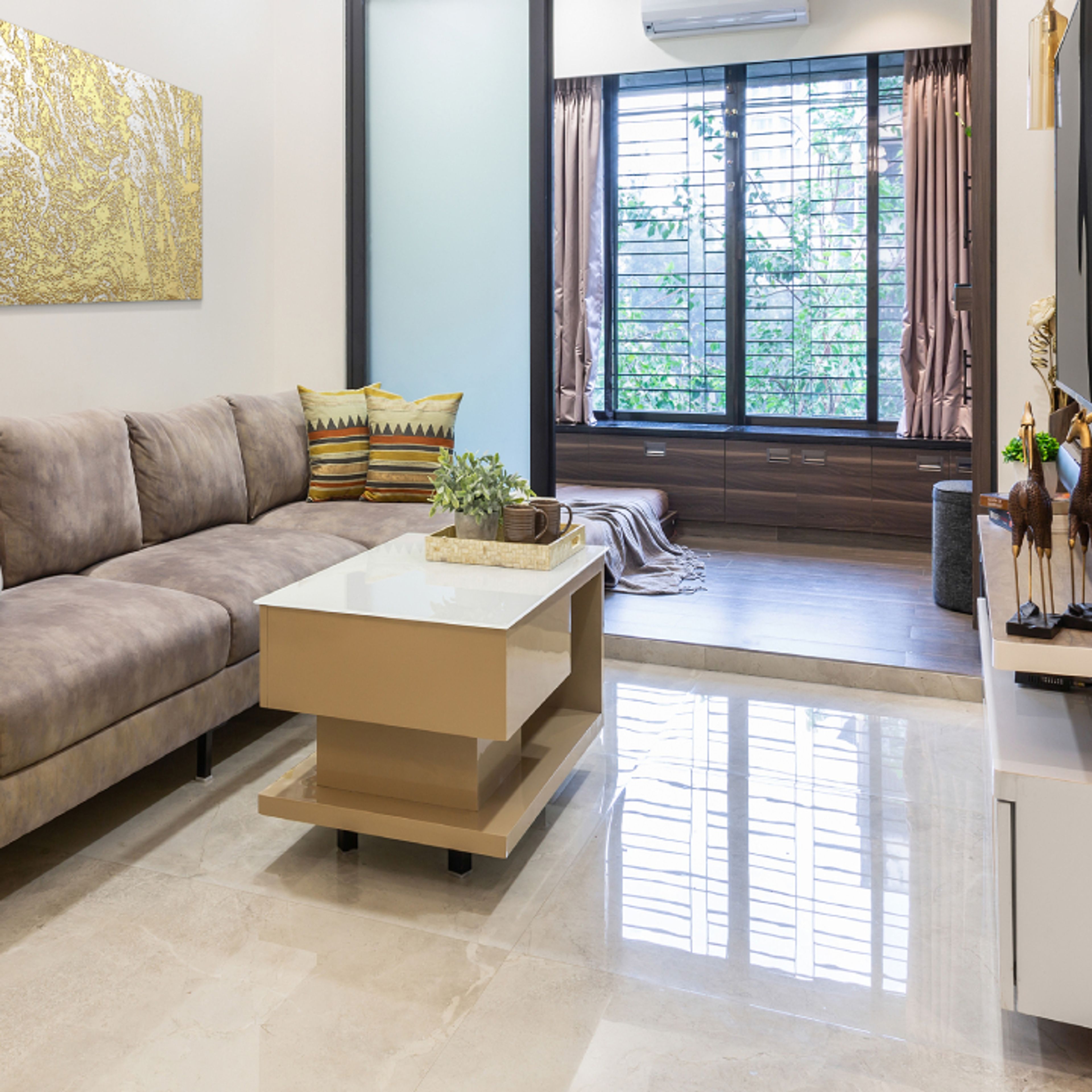 Glossy Cream Living Room Flooring Design - Livspace