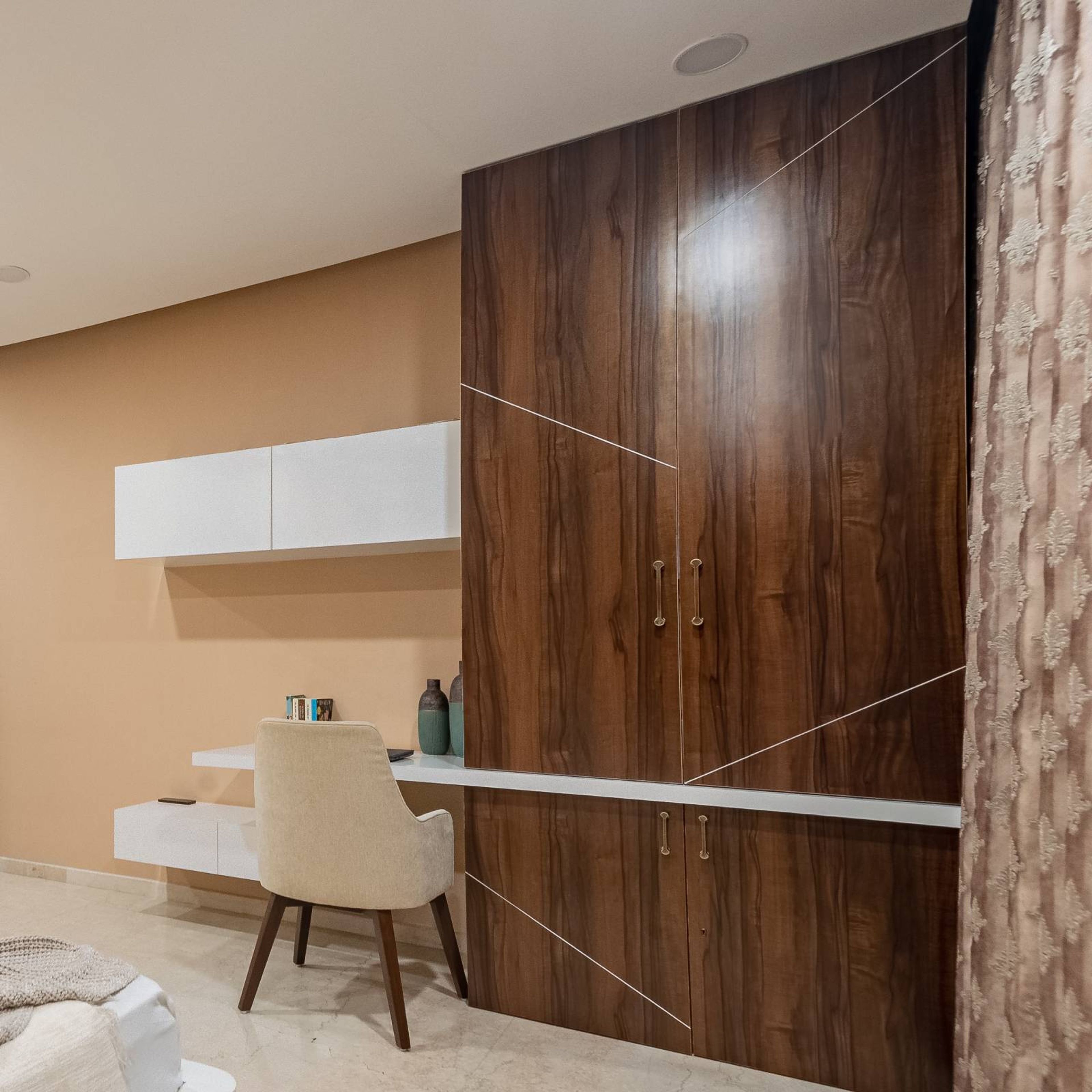 White And Wood Study Room Design With Wardrobe | Livspace