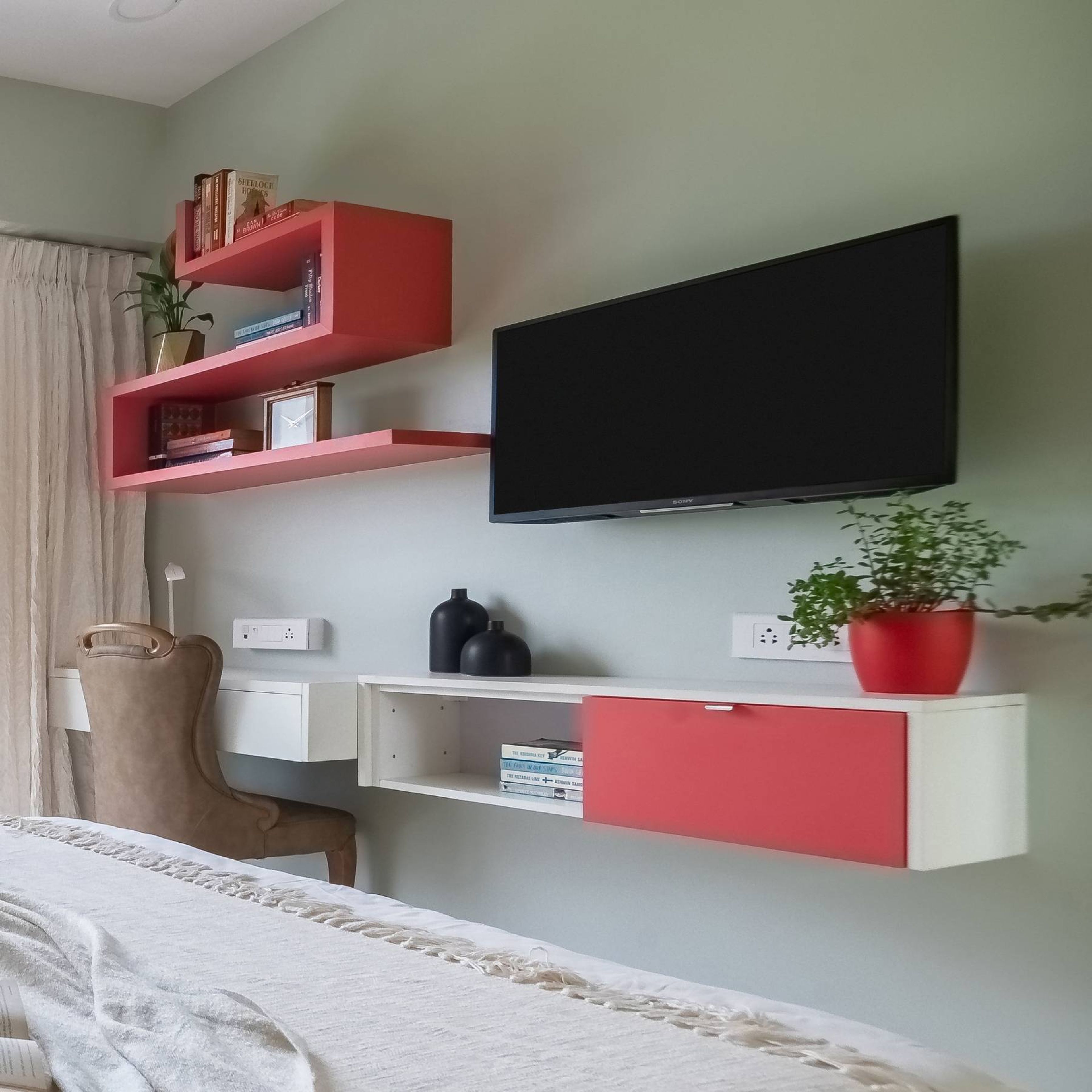 Study Room Design With Frosty White And Rose Pink Unit - Livspace