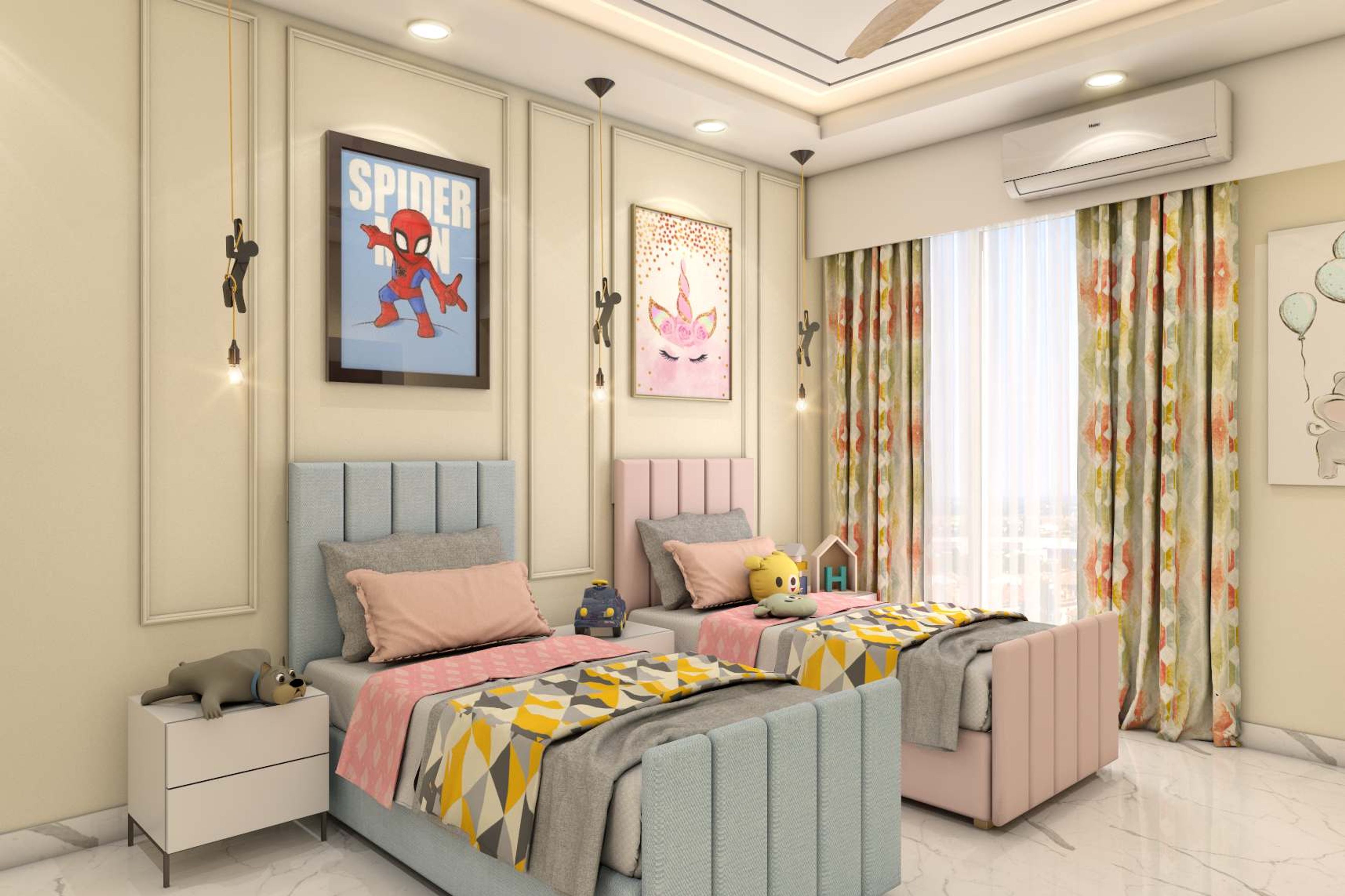 Mid-Century Modern Kids Bedroom Design With Twin Beds With Tufted Headboard