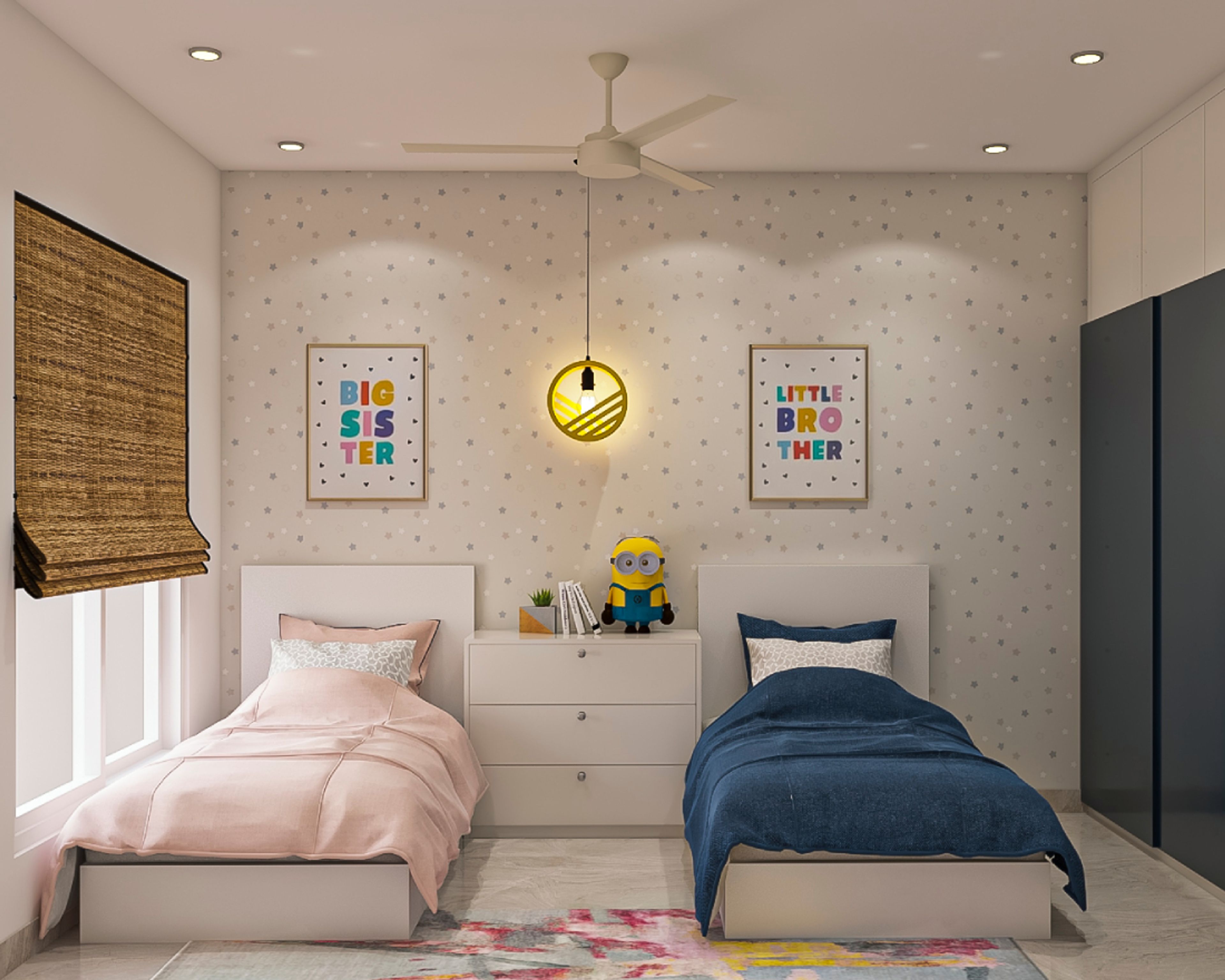 Modern Kids Room Design With Pink And Blue Twin Beds