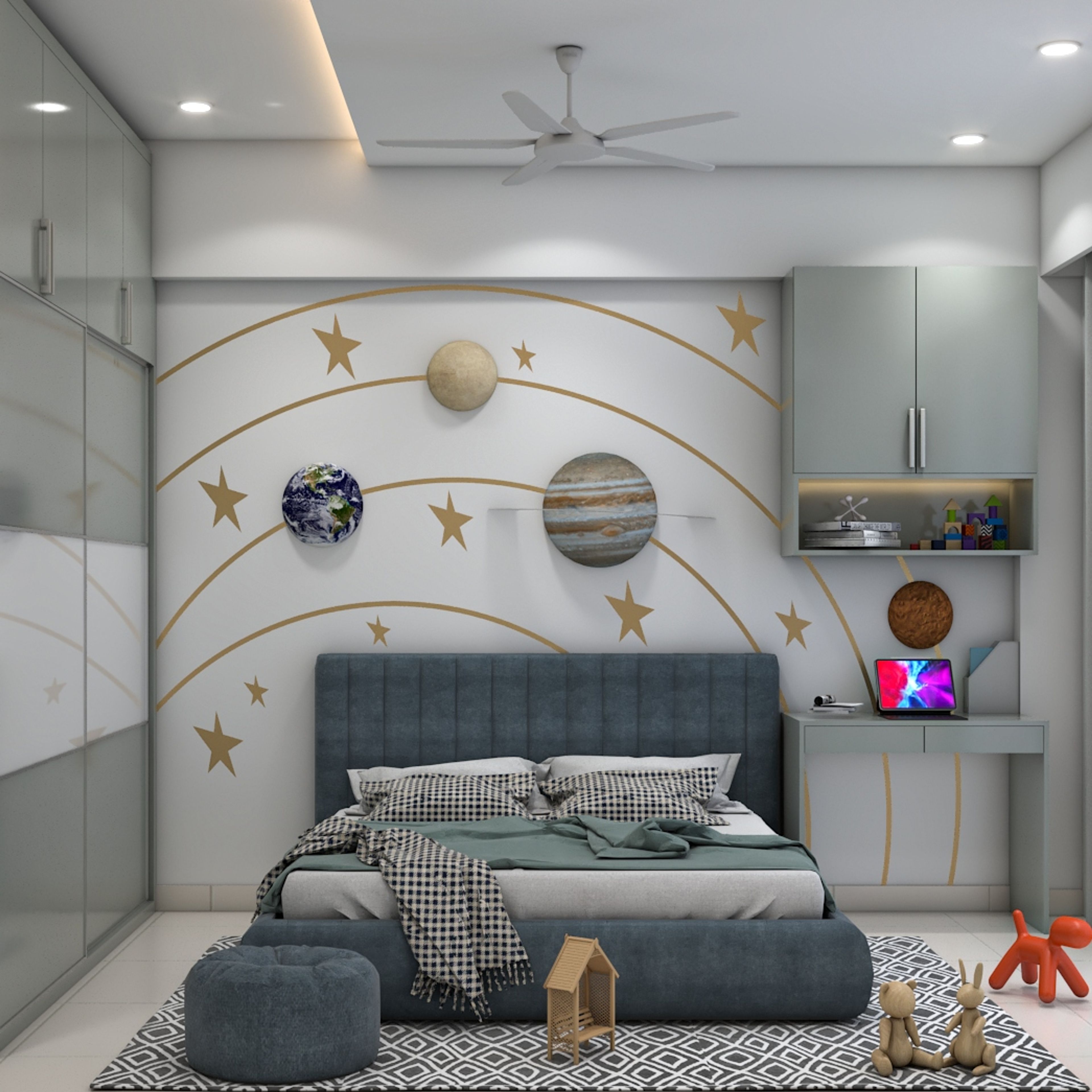 Modern Kid's Bedroom Design With Dark Blue Upholstered Bed