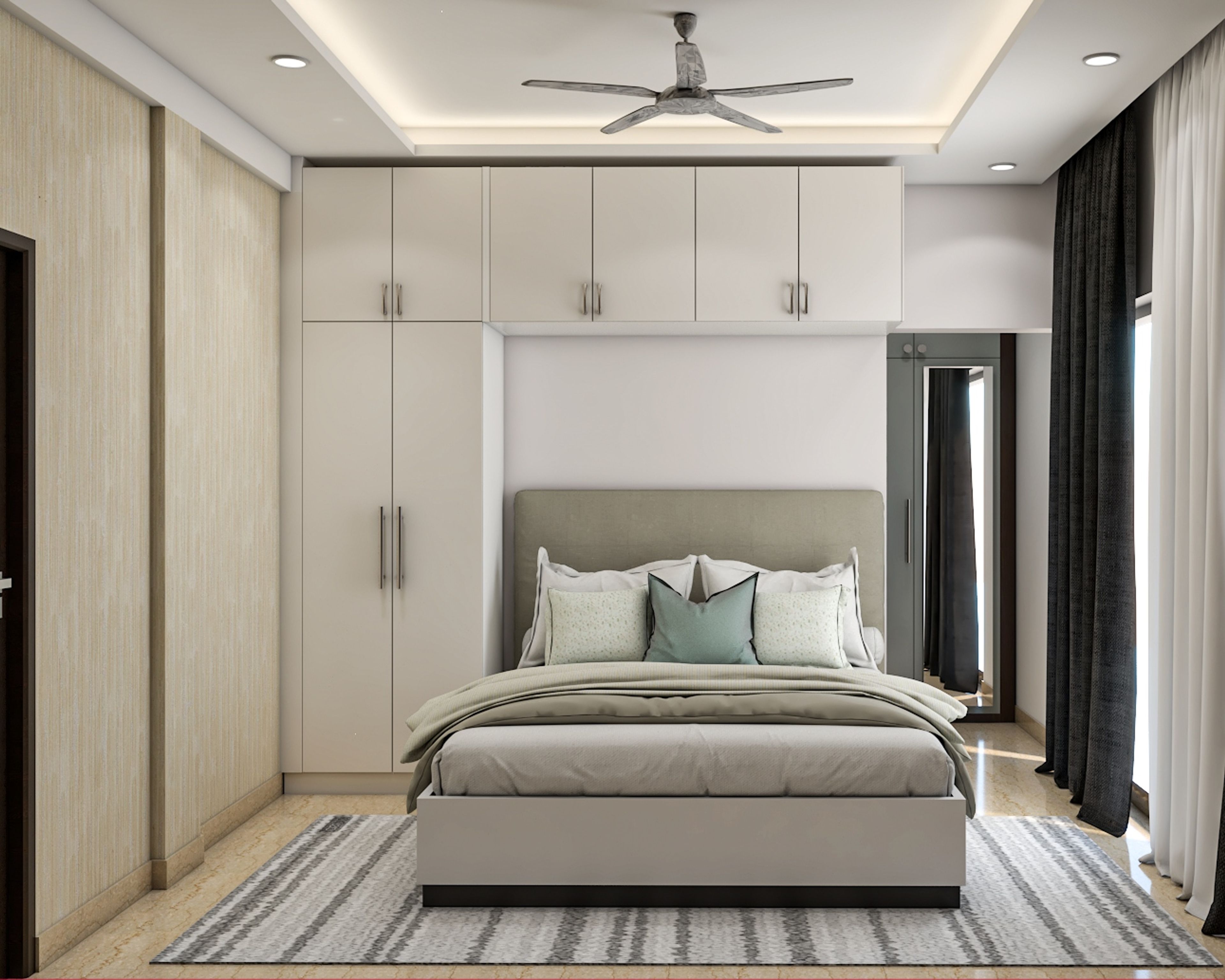 Minimal Kids Bedroom Design With Grey Upholstered Double Bed