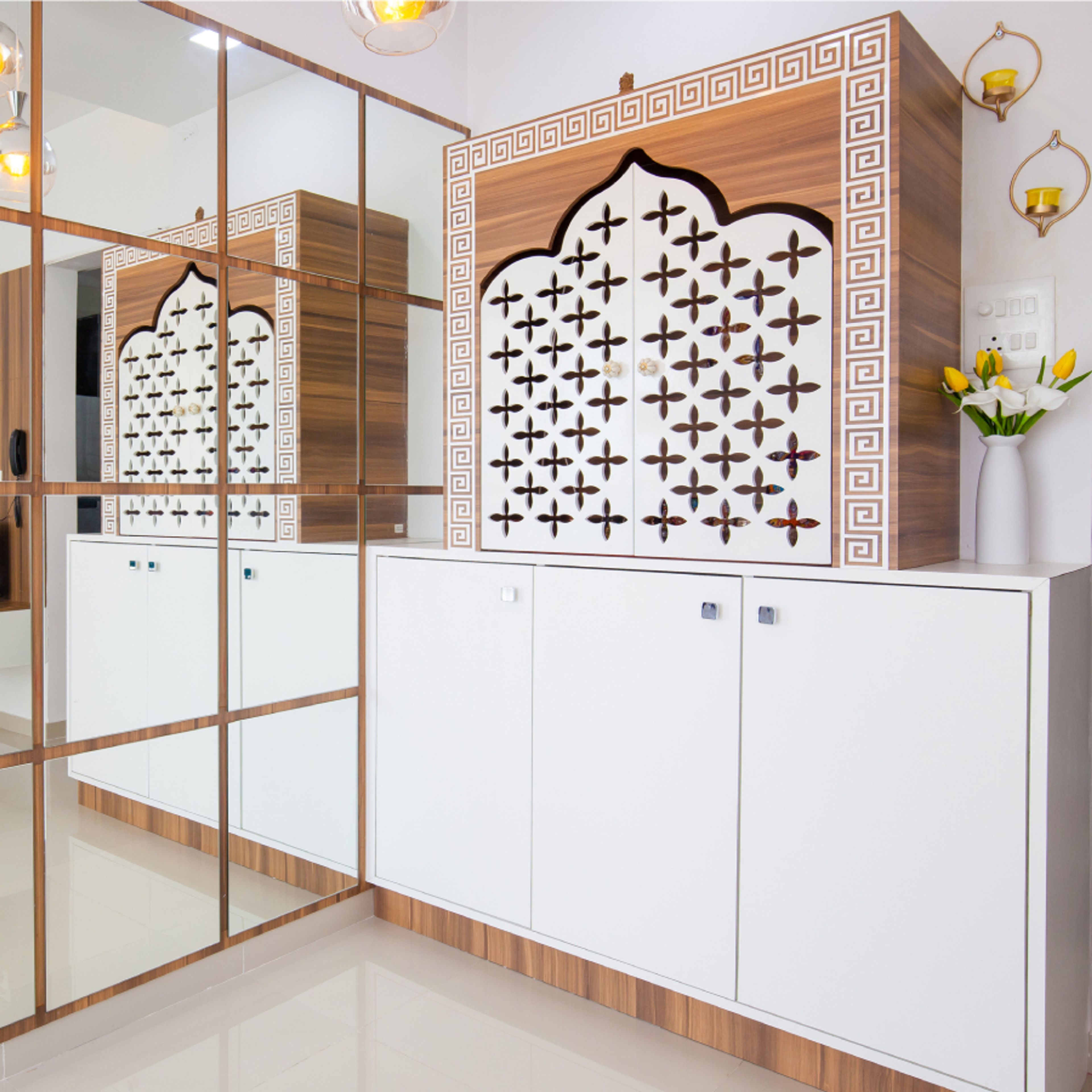 Contemporary Frosty White Mandir Design With Mirror