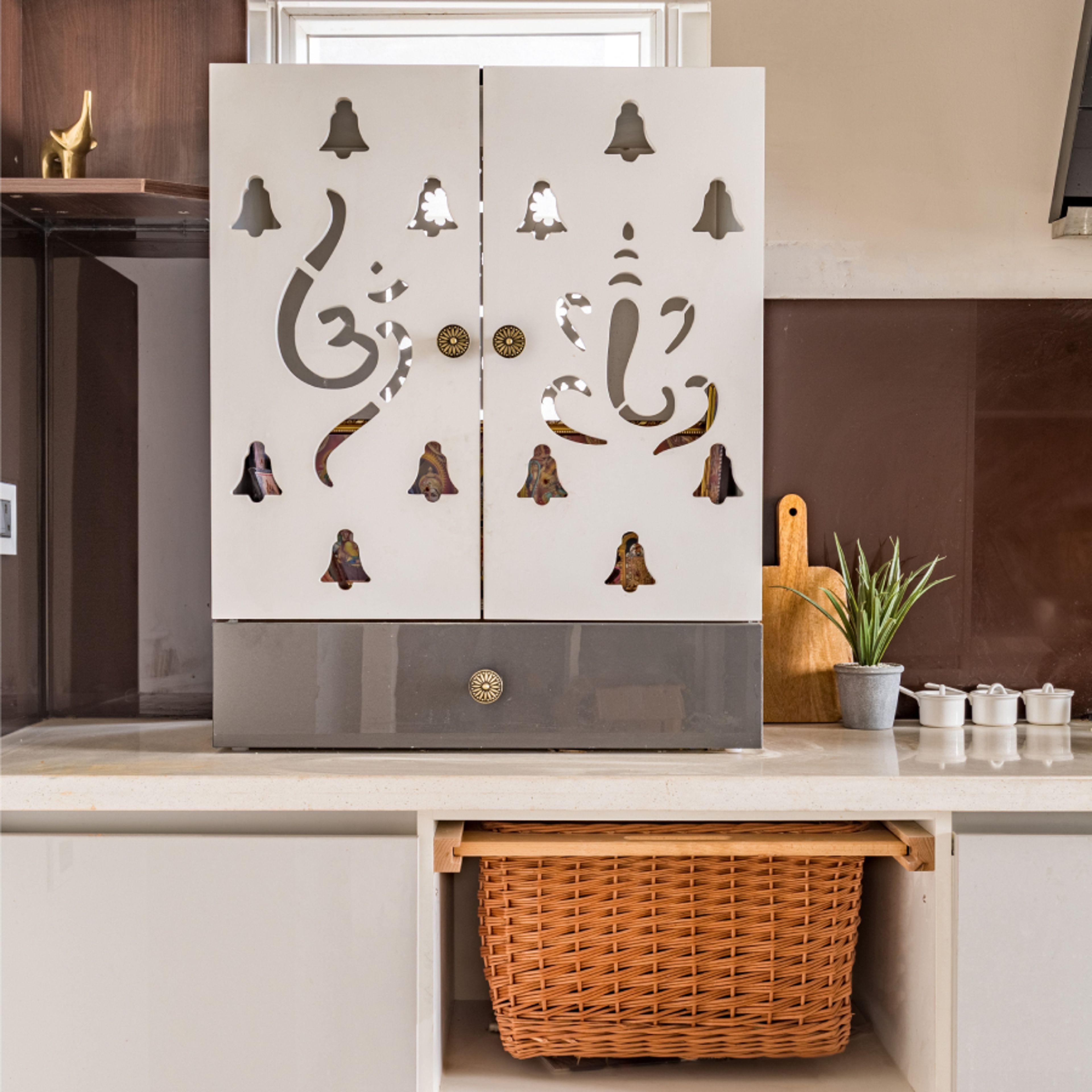 White And Grey Wall-Mounted Modern Pooja Mandir Design