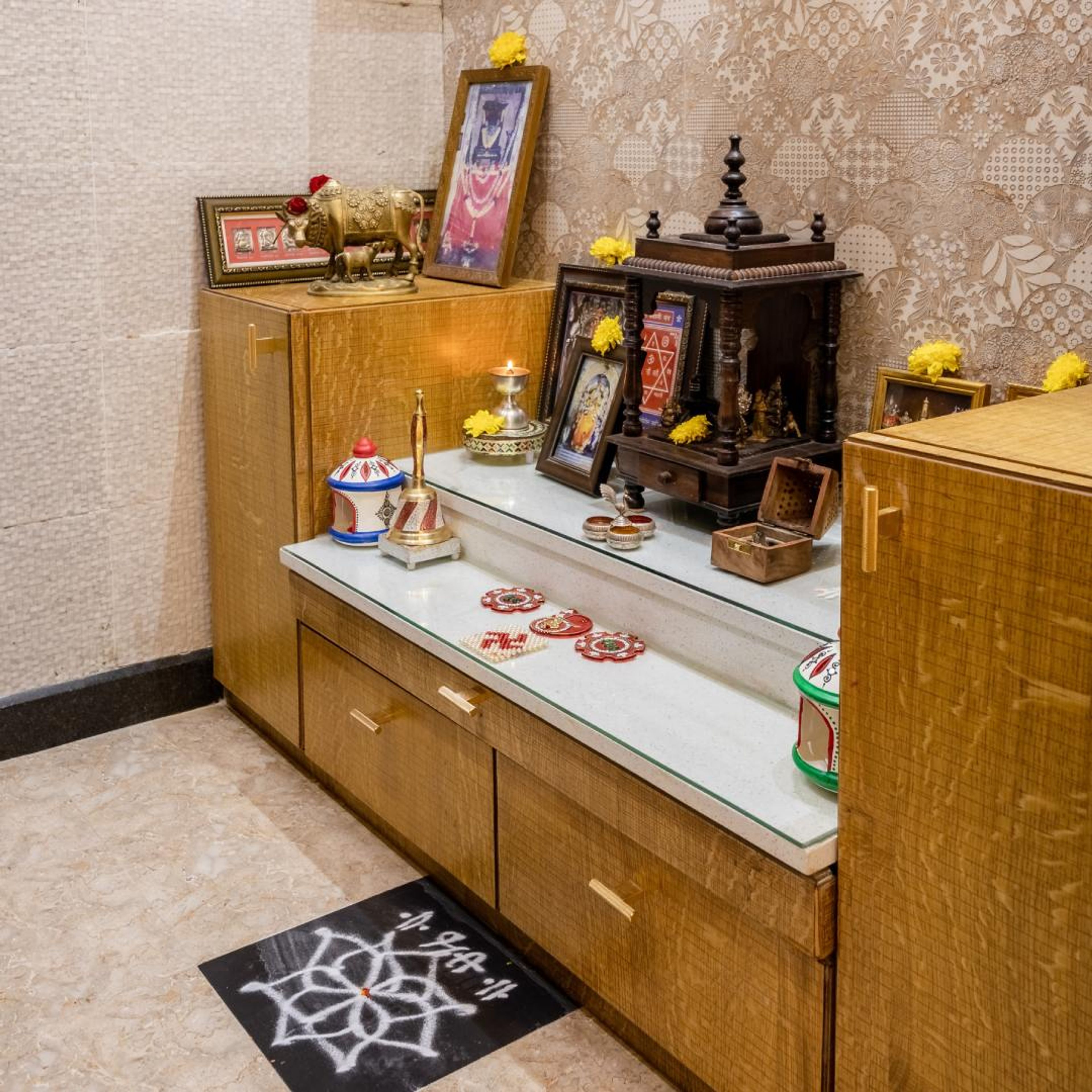 Contemporary Pooja Unit Design With A Marble And A Glass Countertop