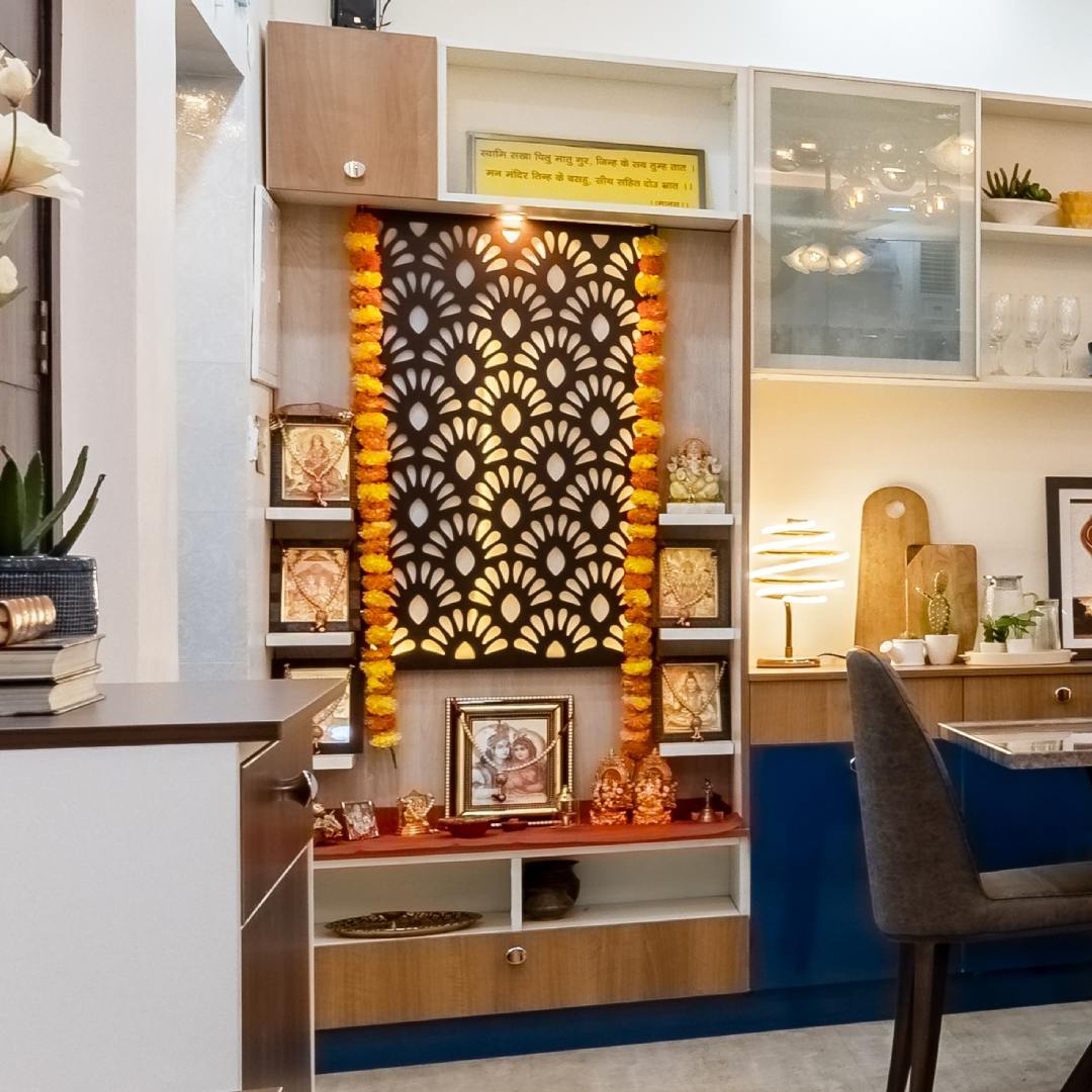 Floor-Mounted Modern Pooja Mandir Design With A Black CNC Panel
