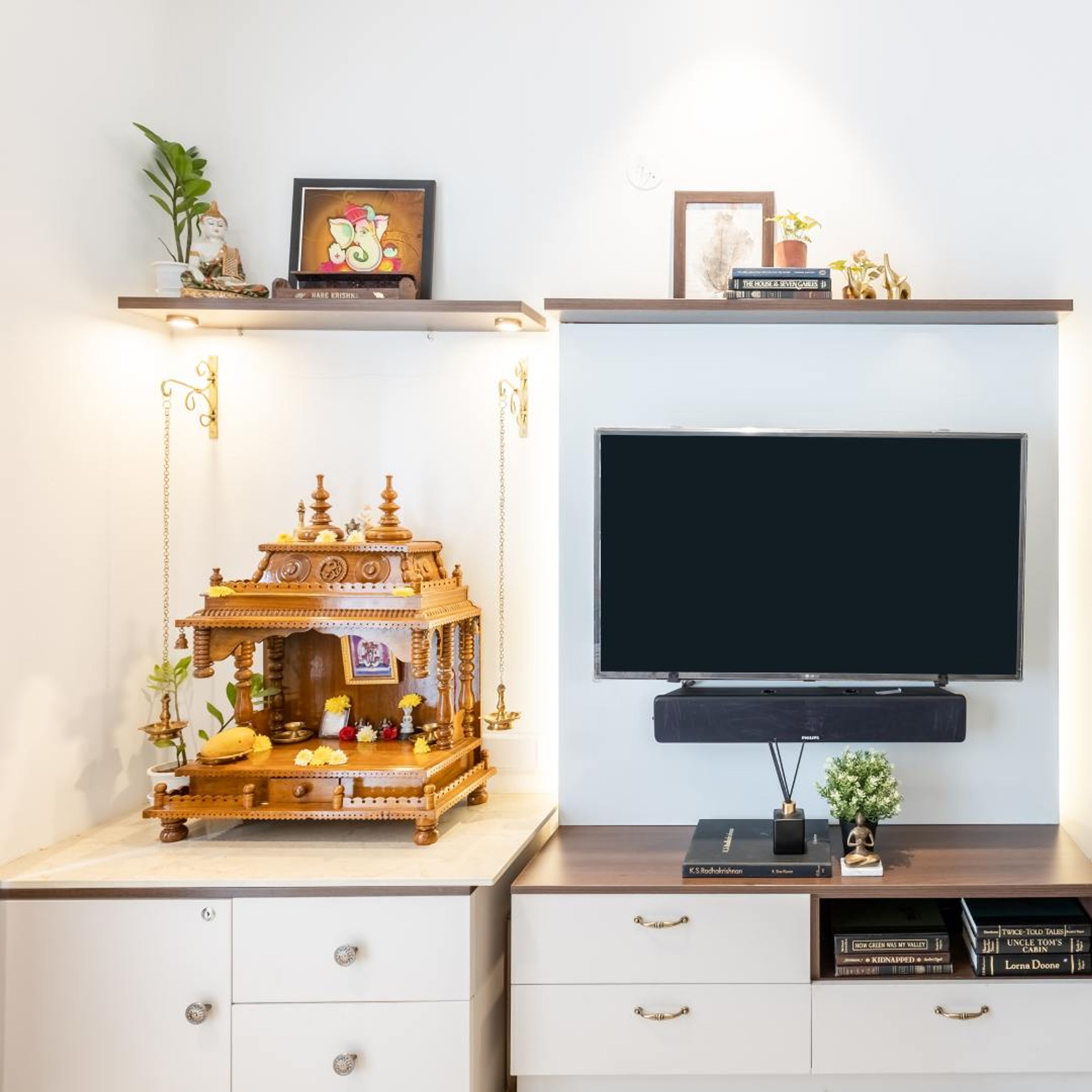 Contemporary White Pooja Mandir Design With Drawer And Shutter Storage