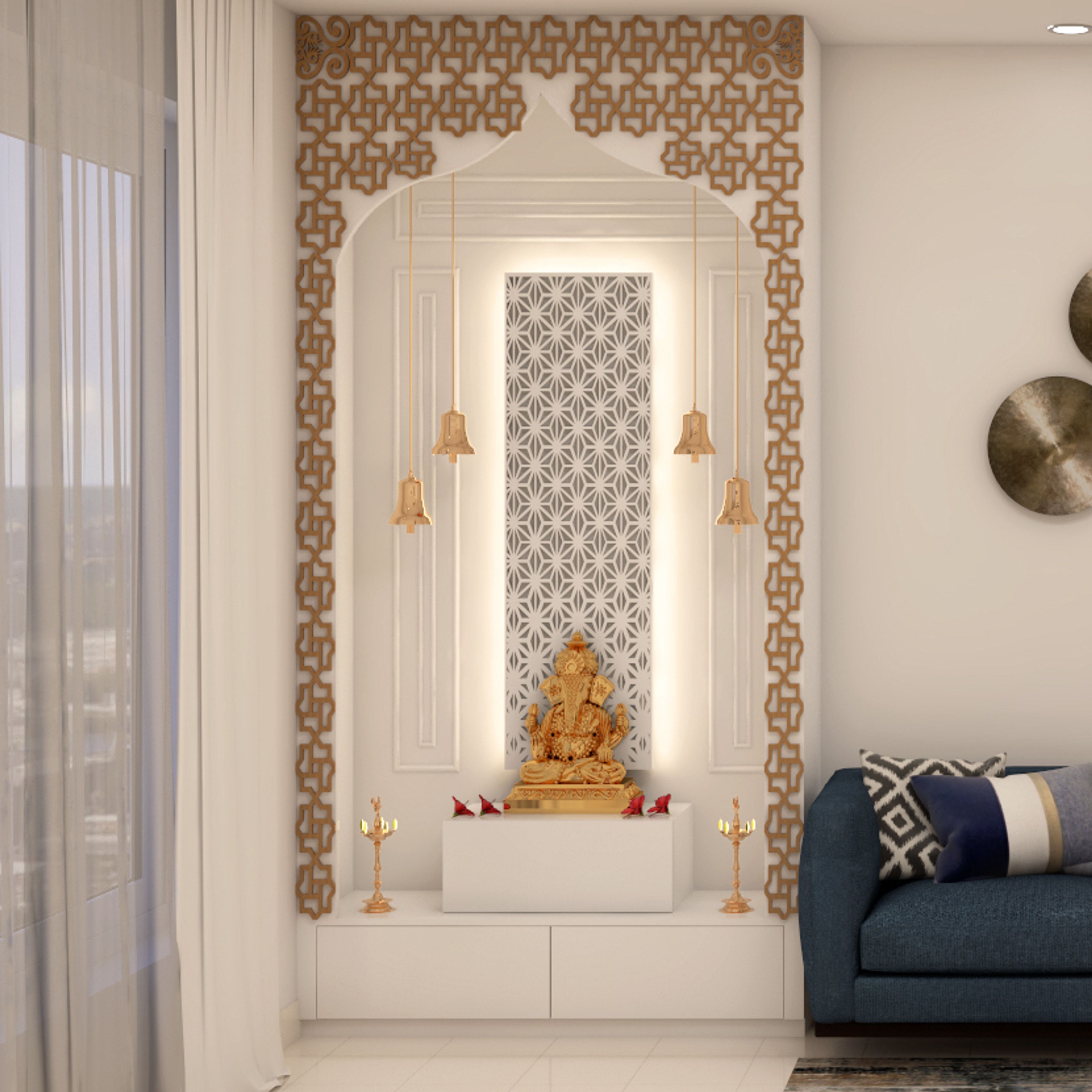 Floor-Mounted Modern Pooja Mandir Design With Cove Lighting