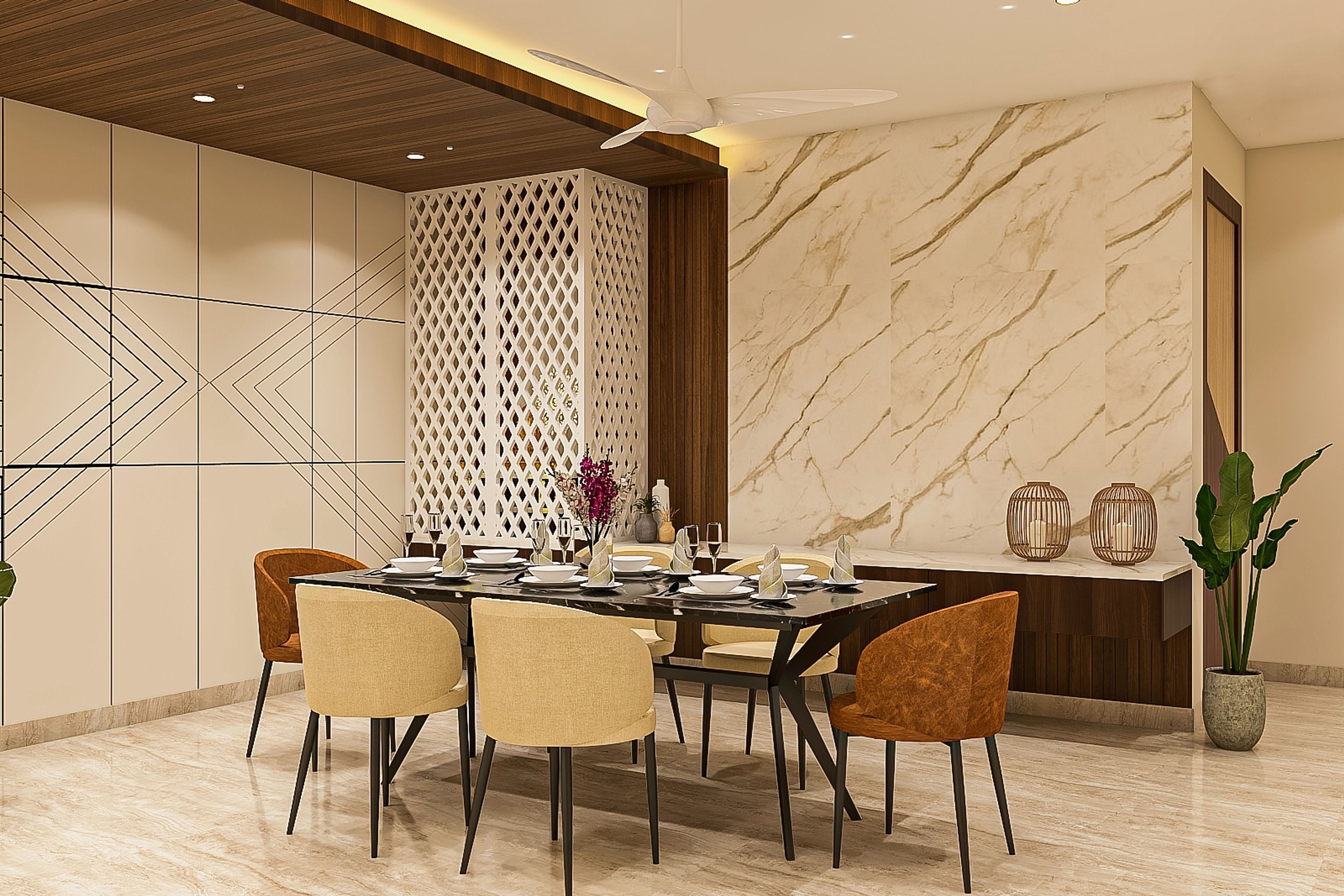 Dining Room With Marble Details - Livspace