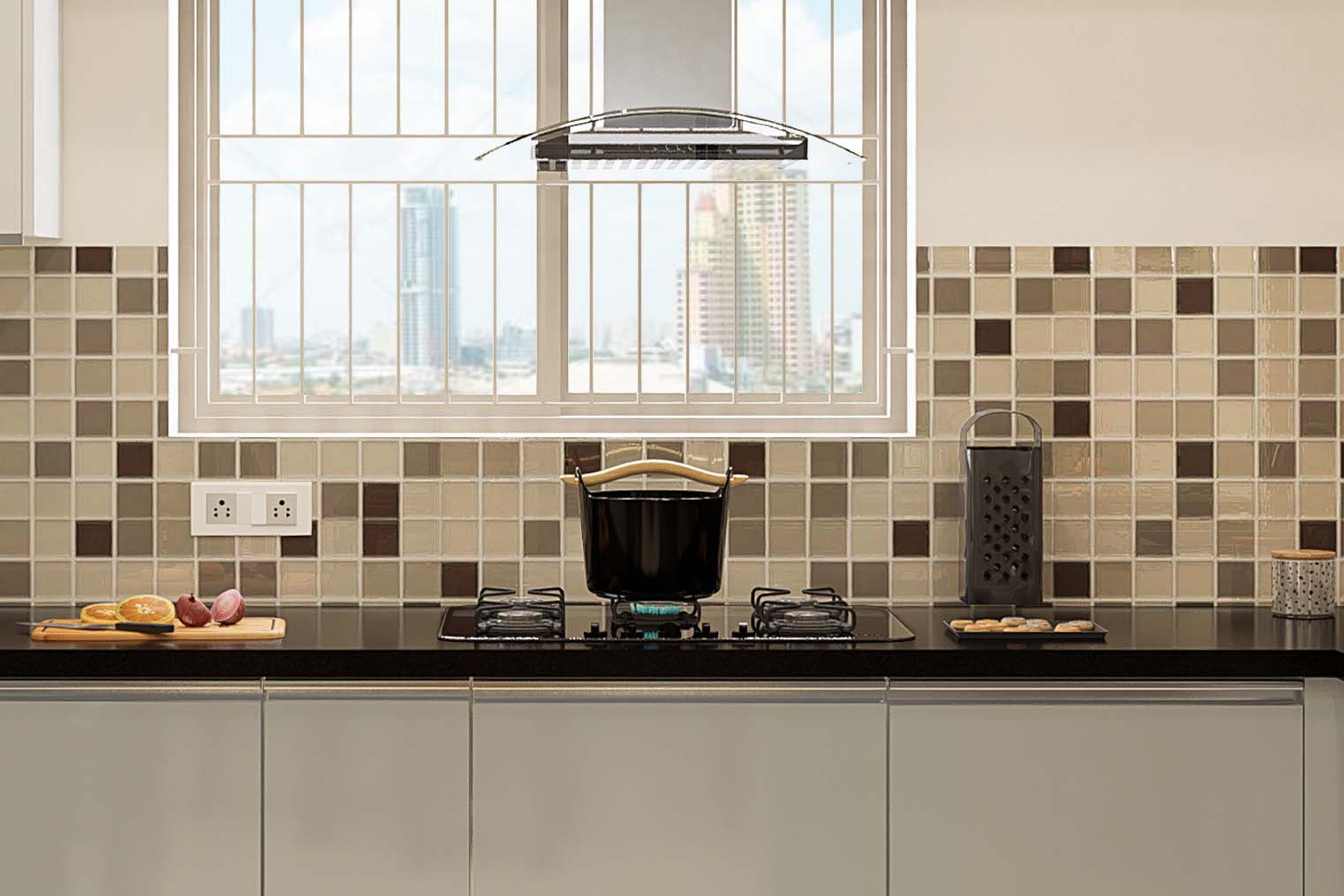 Cream And Brown Modern Kitchen Wall Tiles Design - Livspace