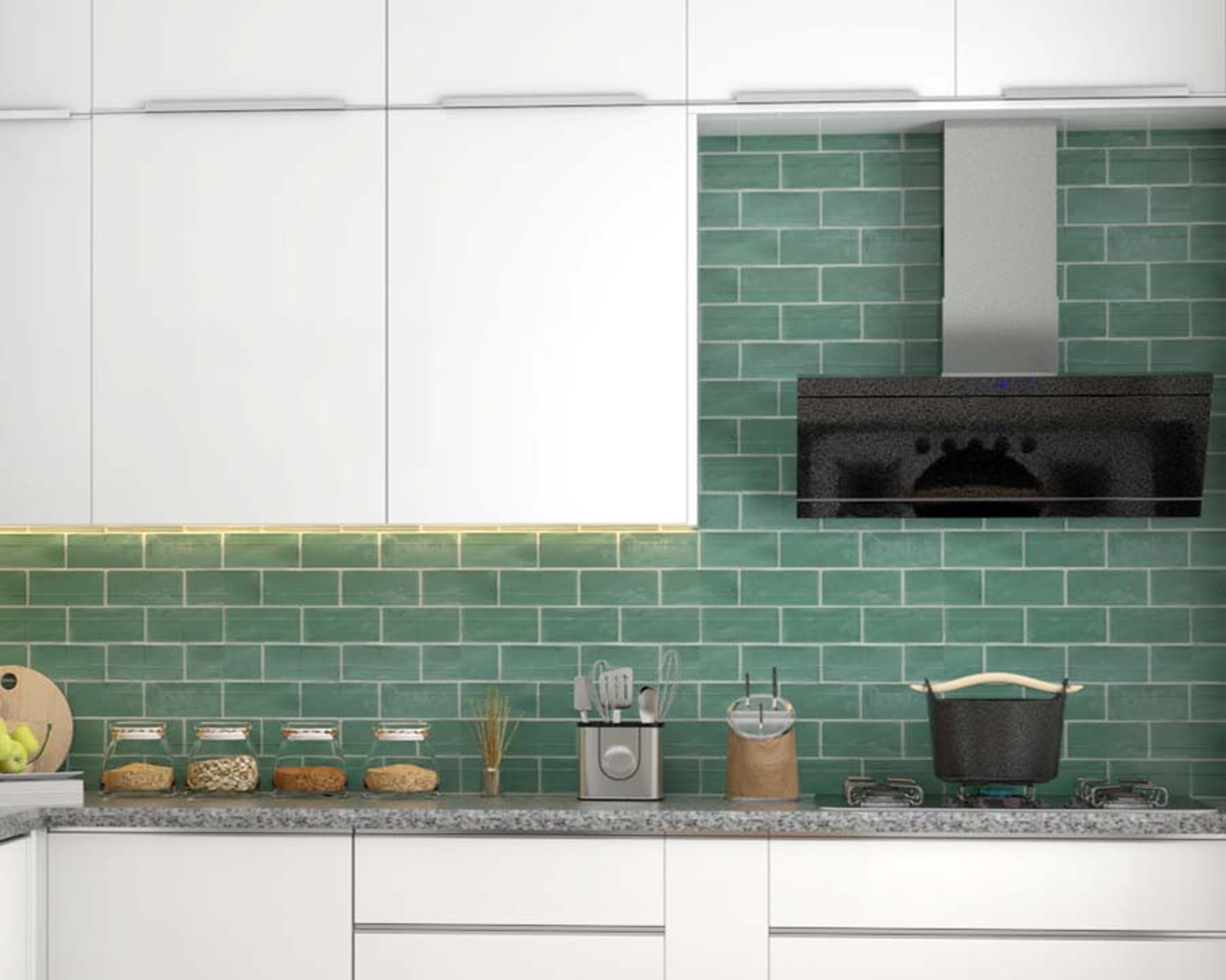 Modern Green And White Kitchen Wall Tiles - Livspace