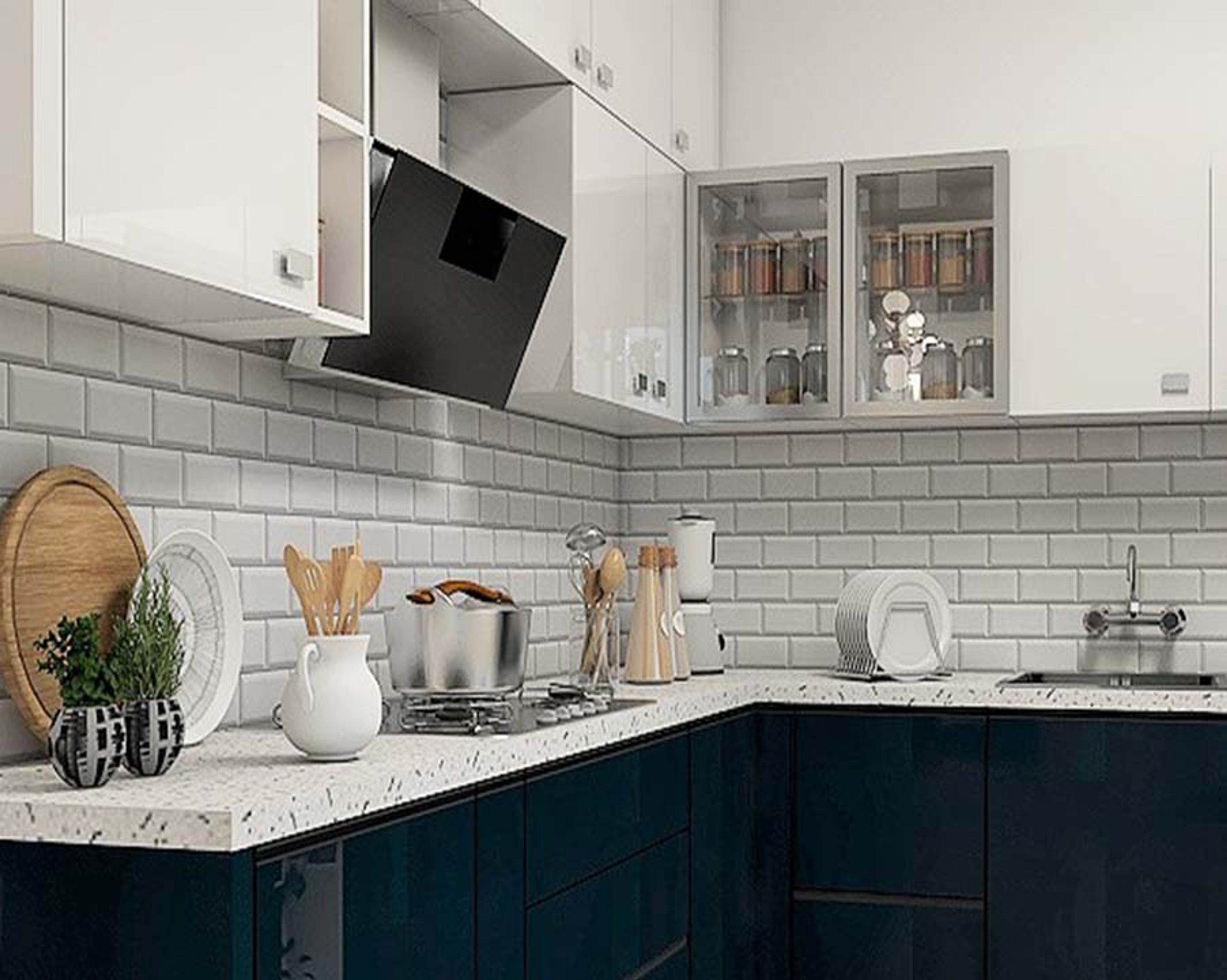 Compact White Kitchen Tile Design With Modern Base Units