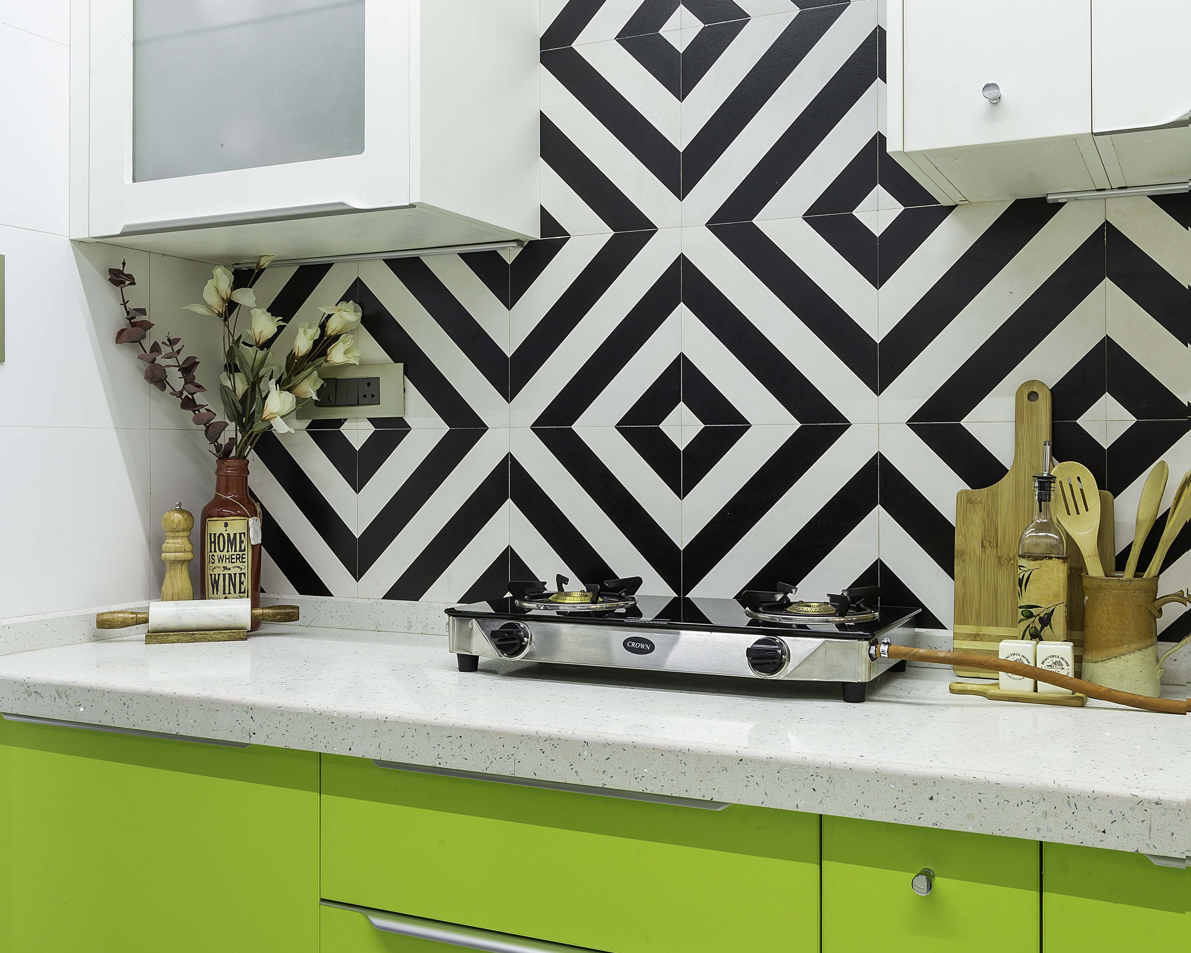 Dual-Toned Chevron Kitchen Tile Design - Livspace