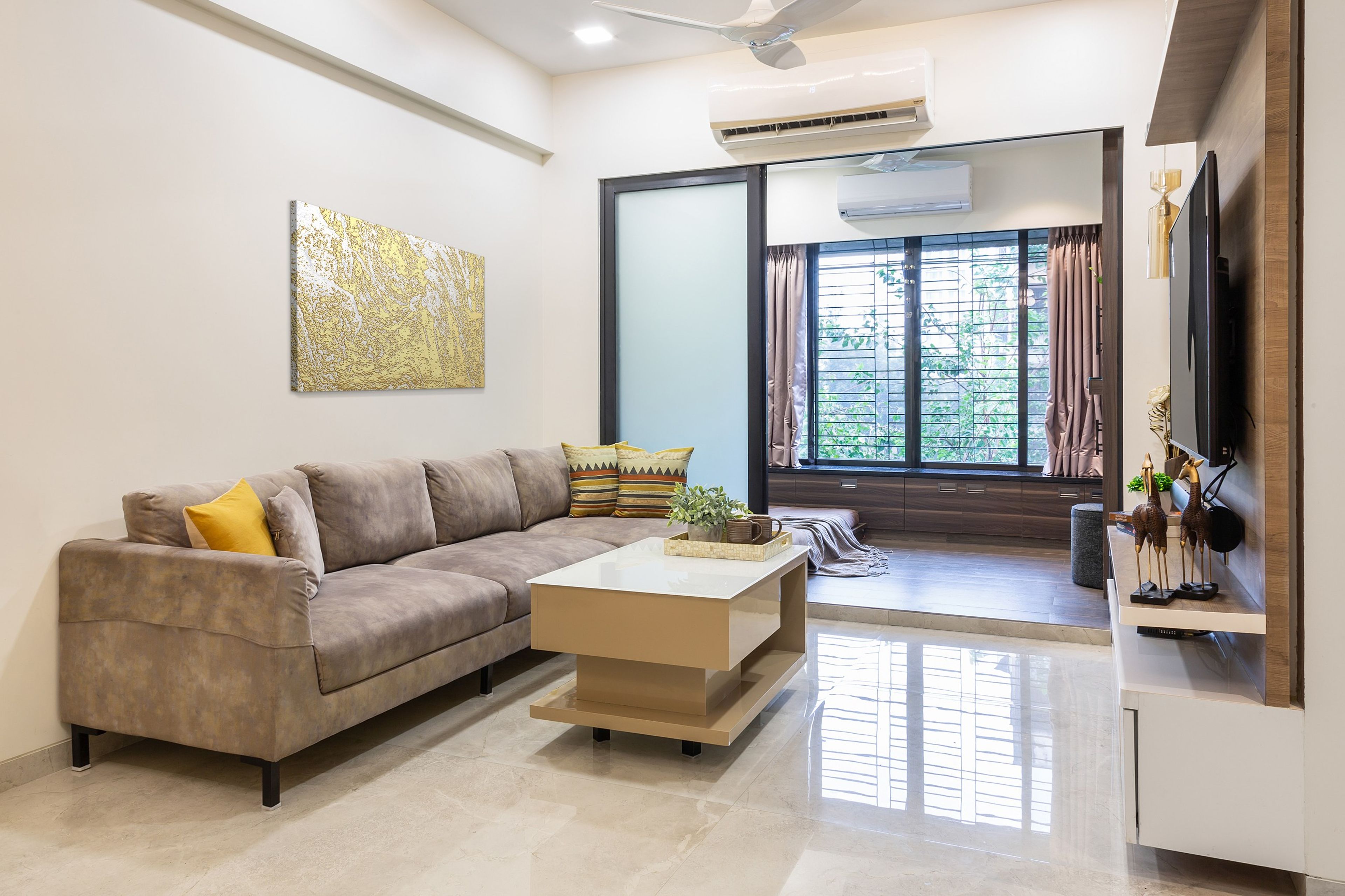 Glossy Cream Vitrified Living Room Floor Tile Design - Livspace