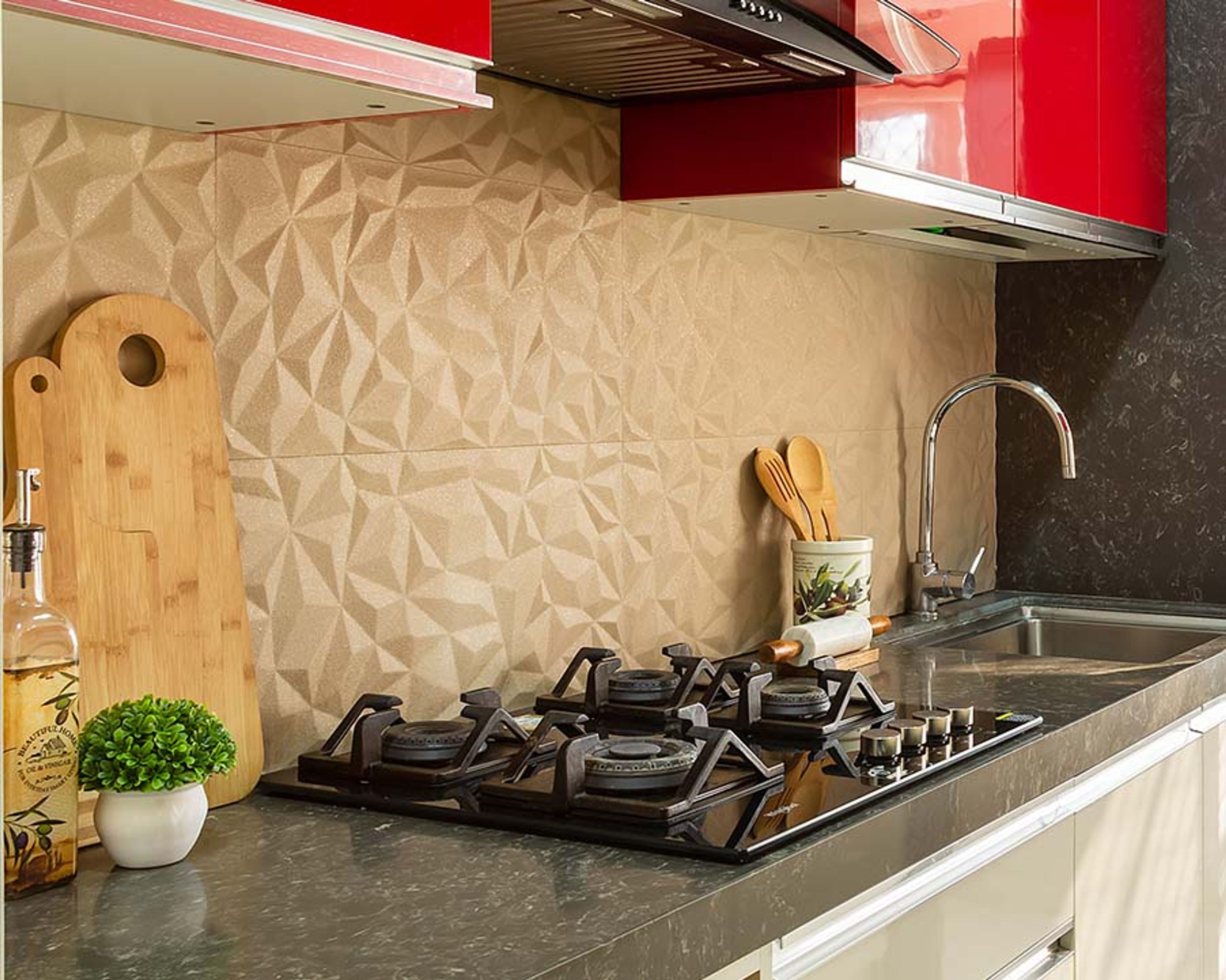 Classic Cream And Red Kitchen Tile Design With 3D Tiles Design For Kitchen