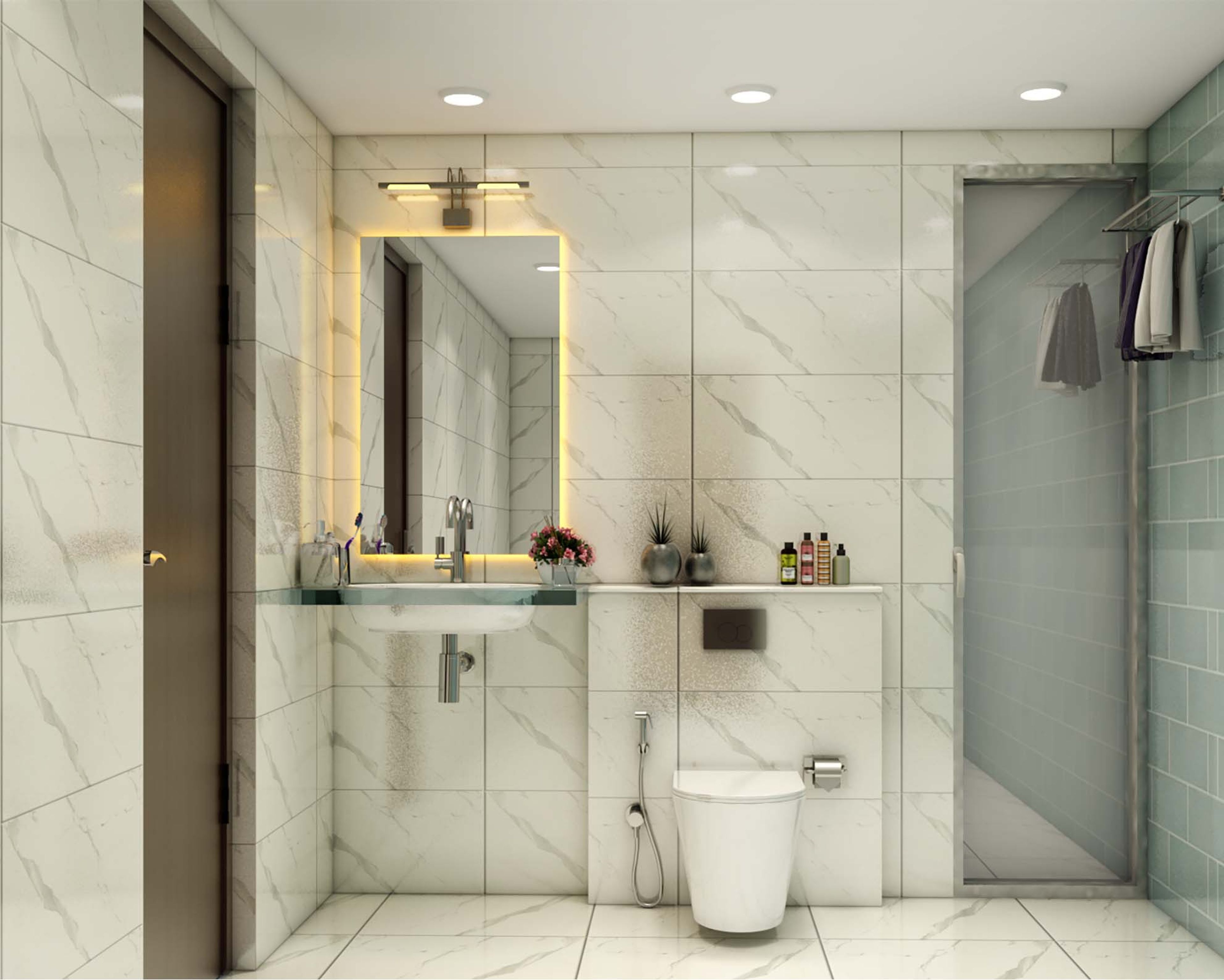 Contemporary Bathroom Tile Design With A Grey Brick-Patterned Wall