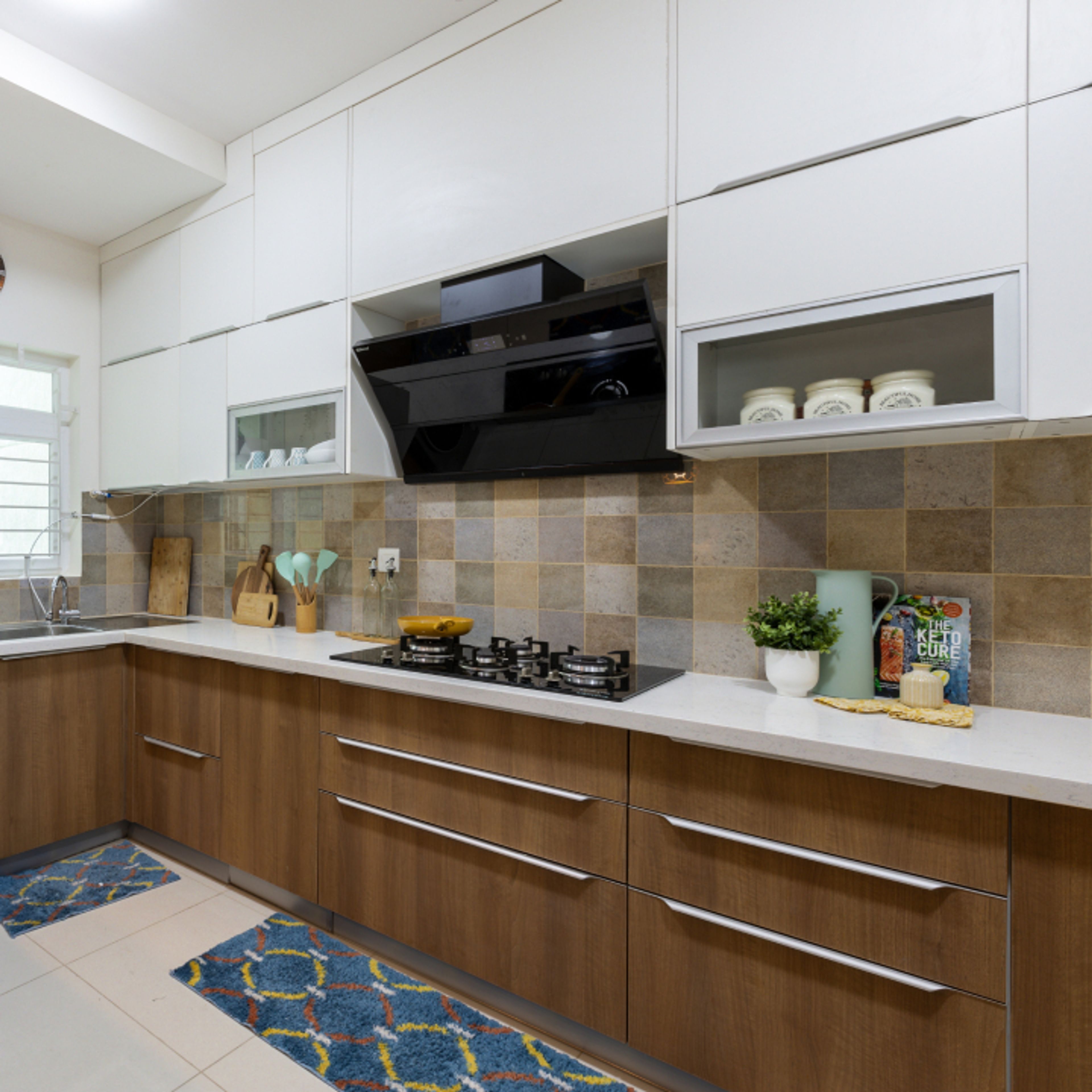 Glossy Grey And Brown Kitchen Tiles Design