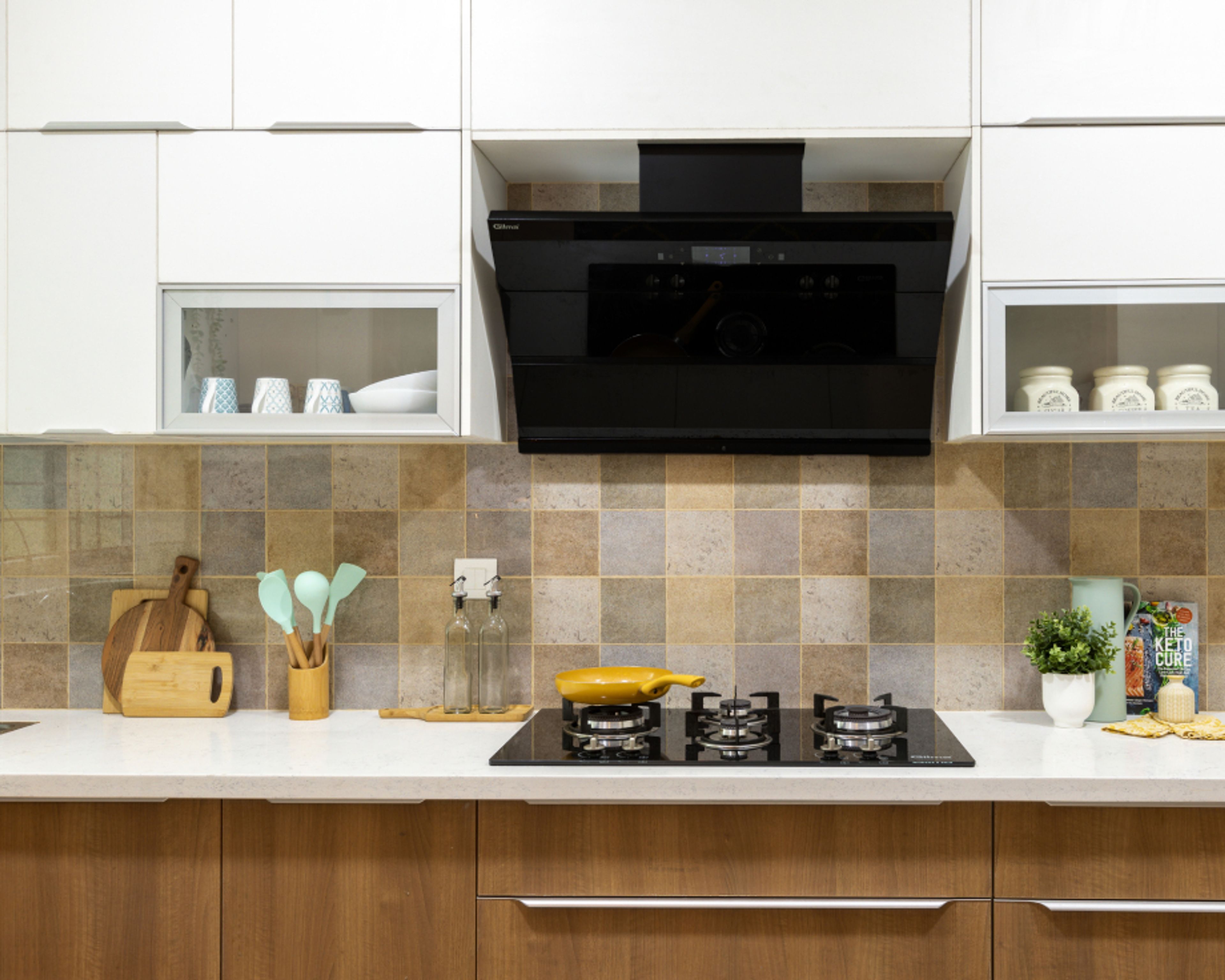 Glossy Grey And Brown Kitchen Tiles Design