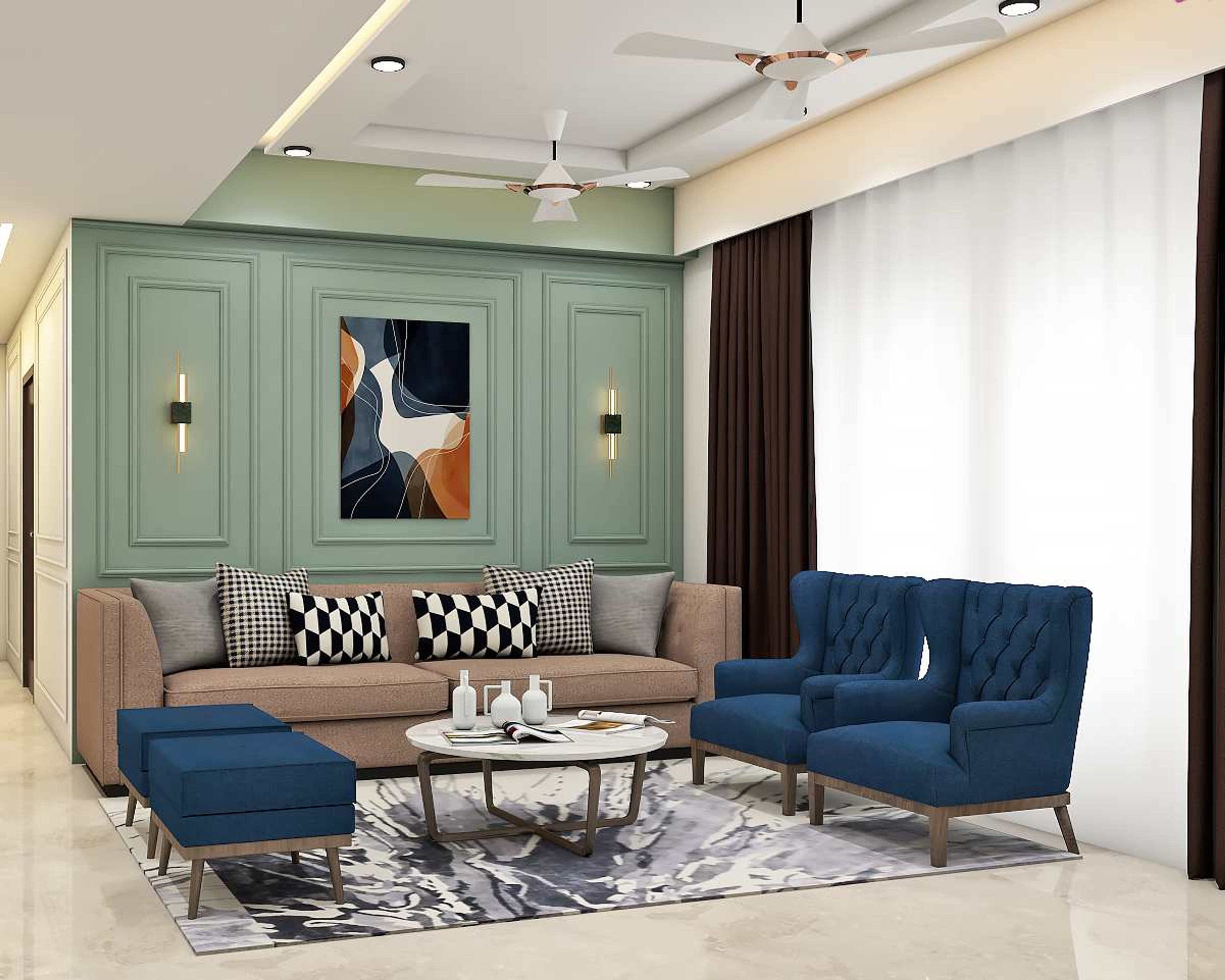 Classic Green And White Wall Colour Combination For Living Rooms