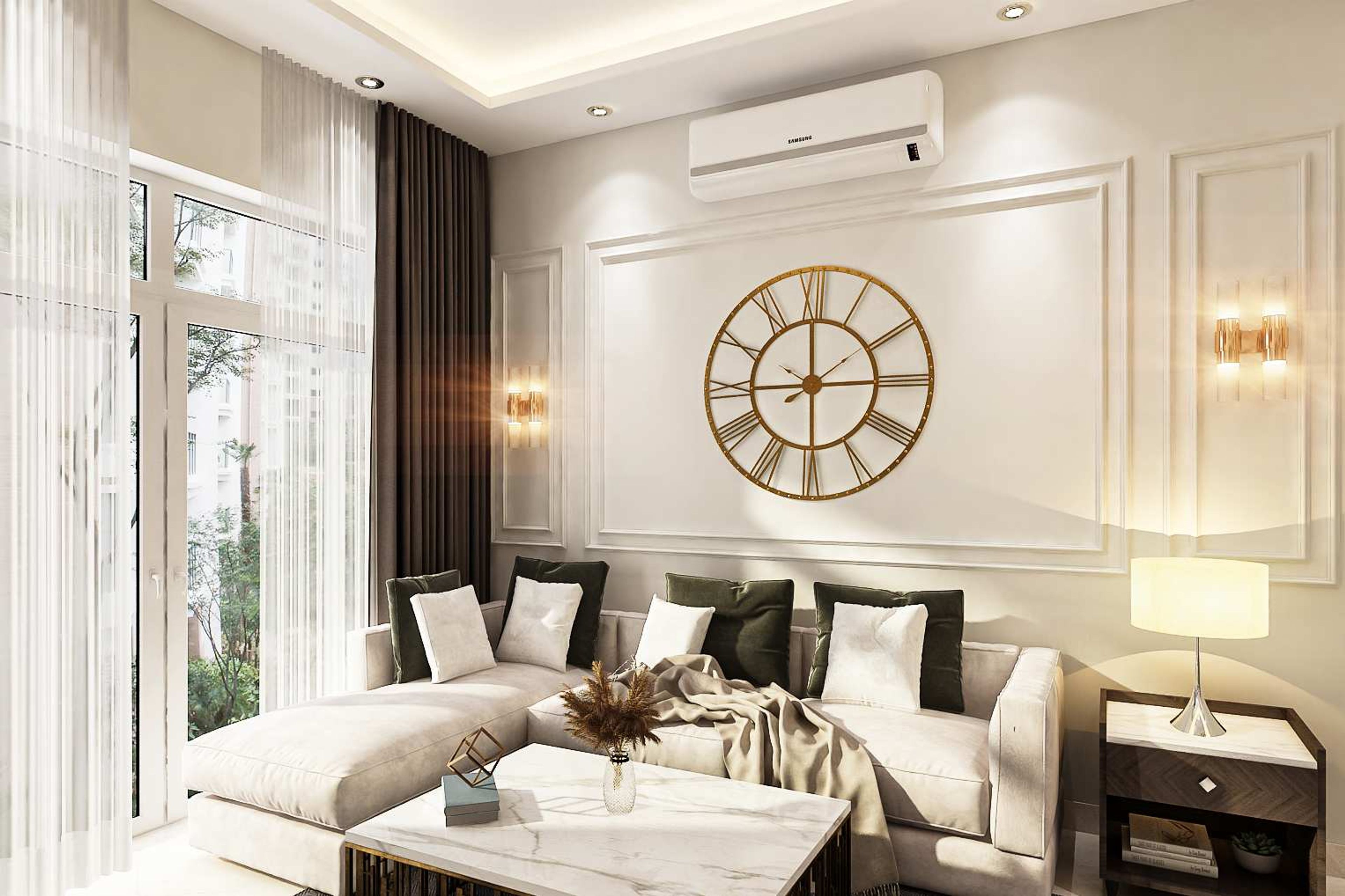 Contemporary White Accent Wall Painting Design With Golden Details