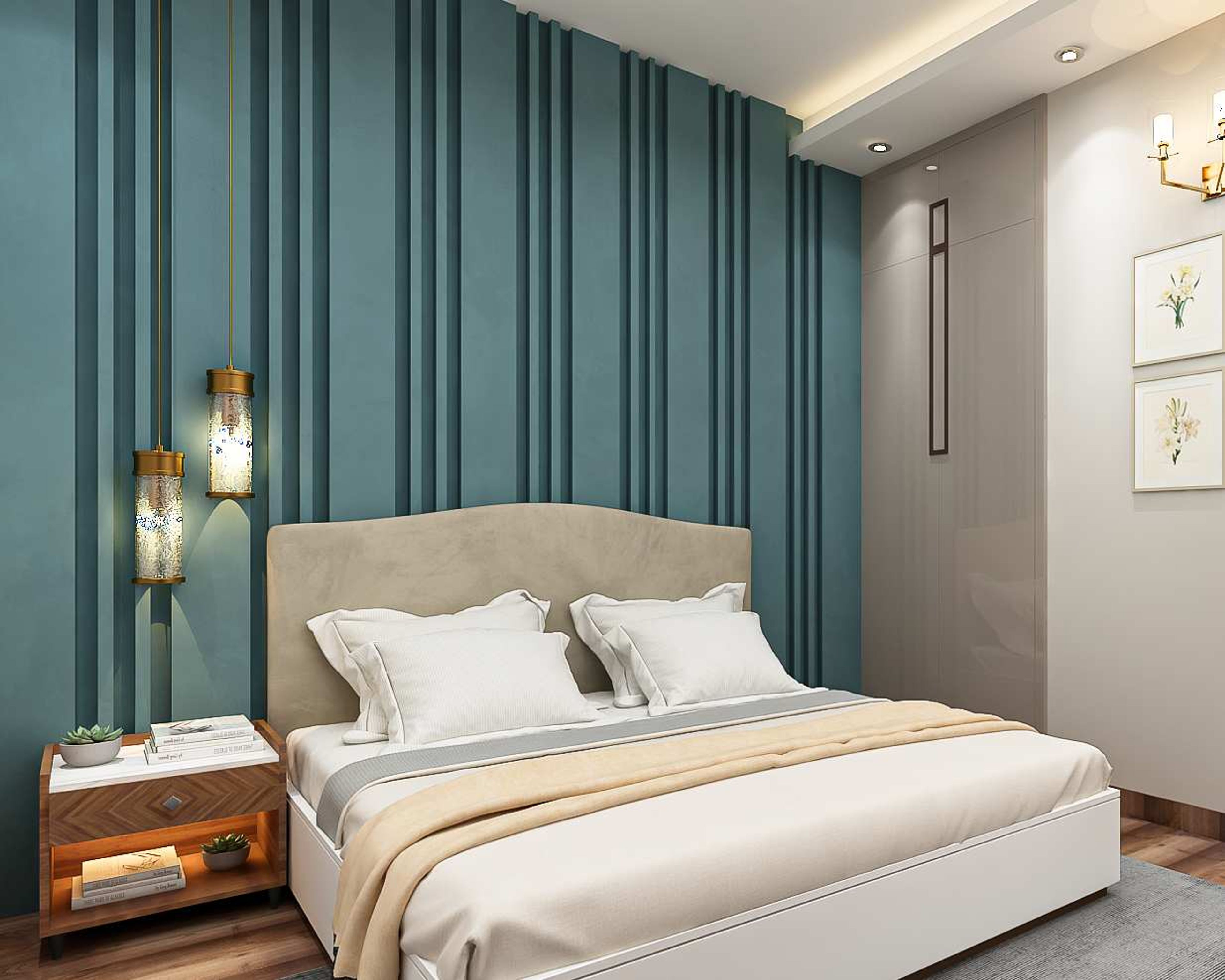 Modern Bedroom Wall Design With Blue Panelled Wall