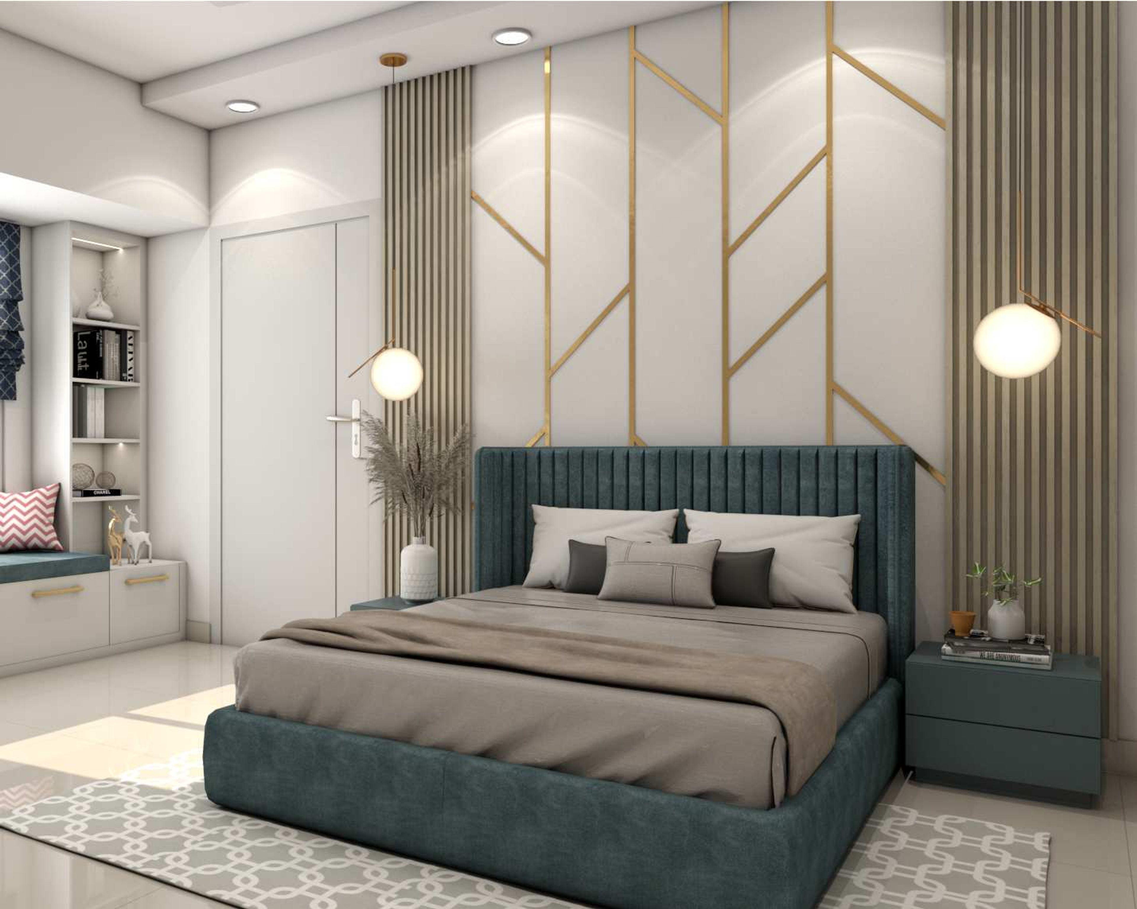 Contemporary Bedroom Wall Design With White And Brass Accents