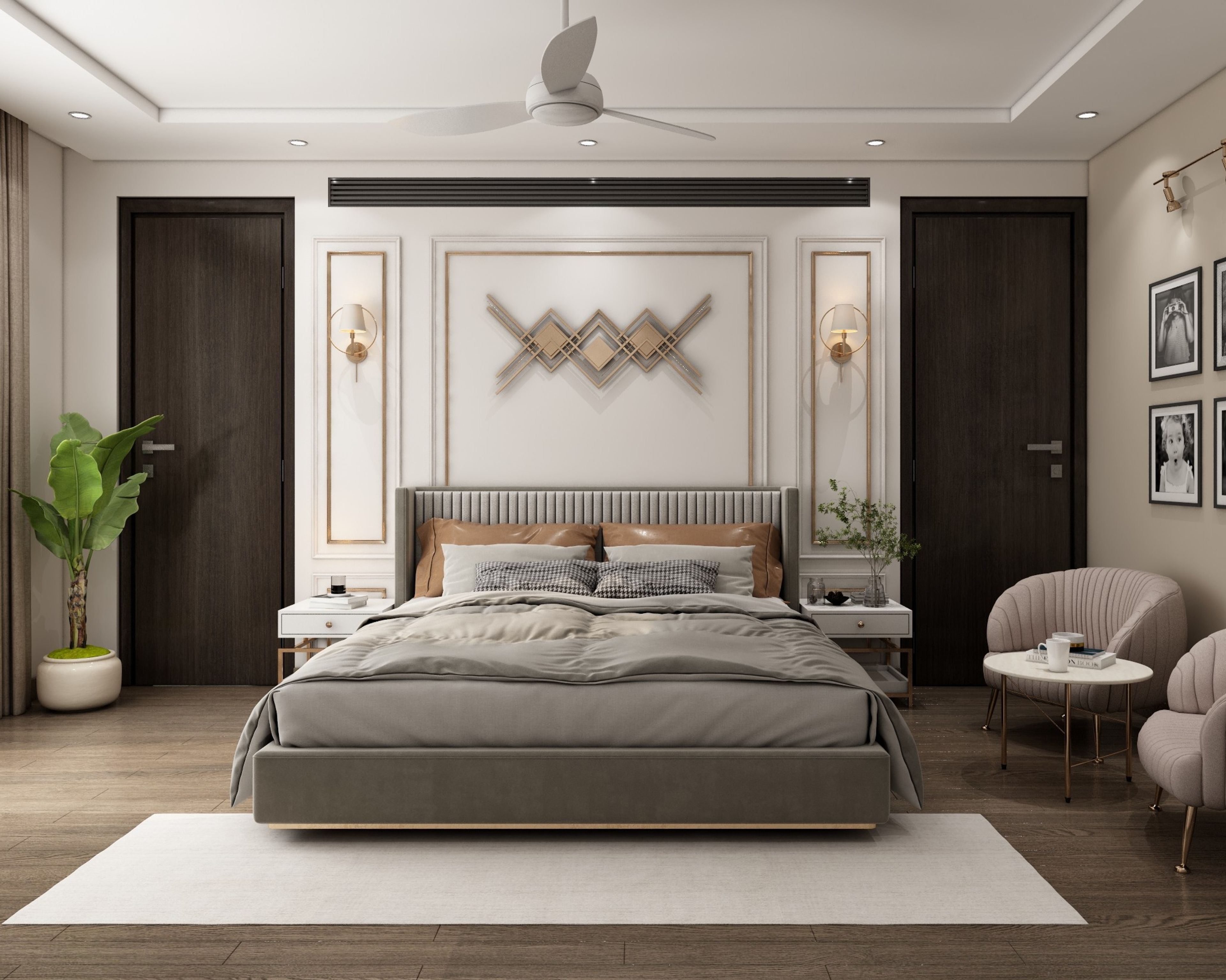Contemporary Bedroom Wall Design With Golden And White Trims