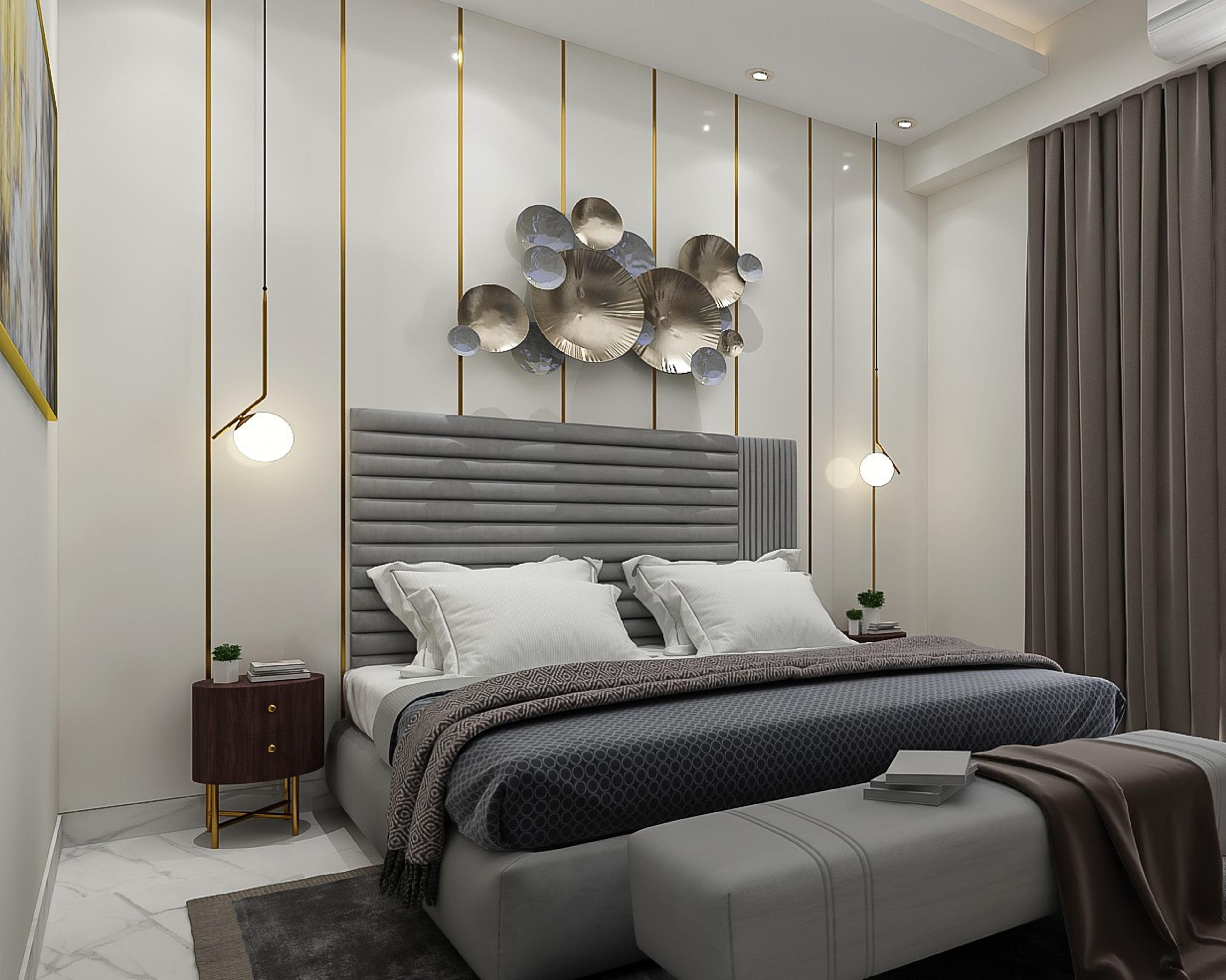 Modern Light-Coloured Wall Design For Bedrooms With Golden Wall Trims
