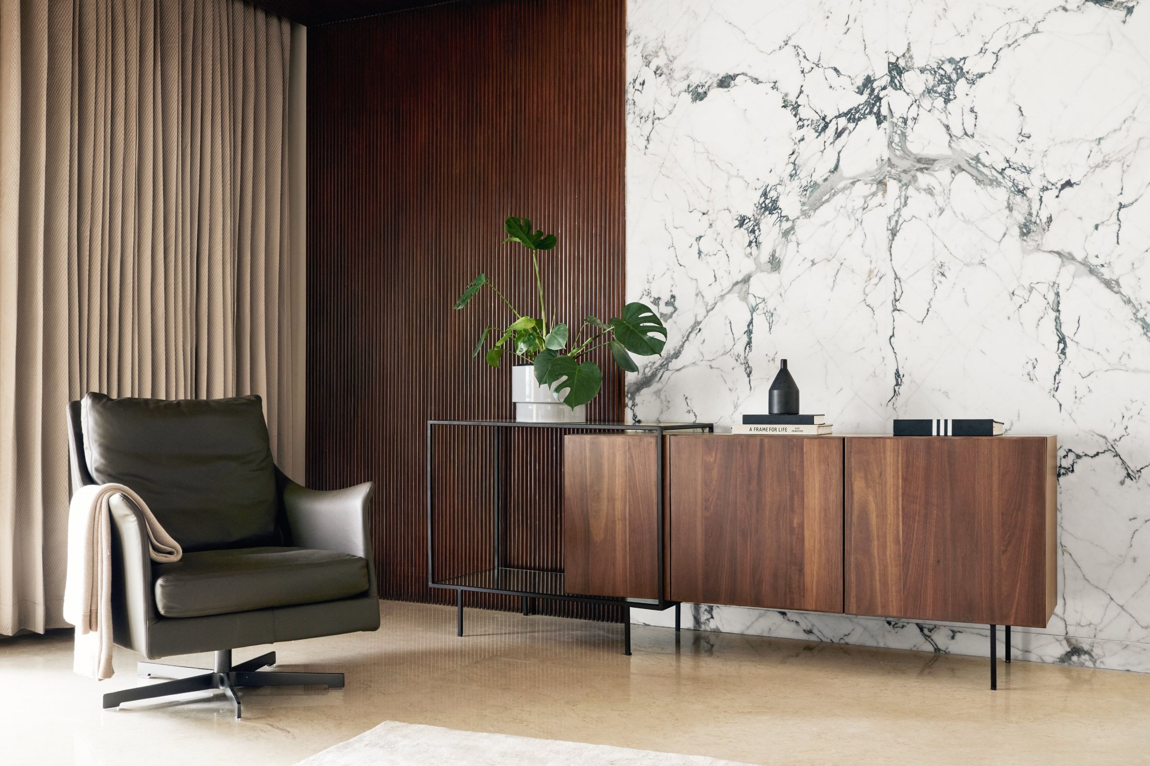 Wall Design With Marble And Wooden Details - Livspace