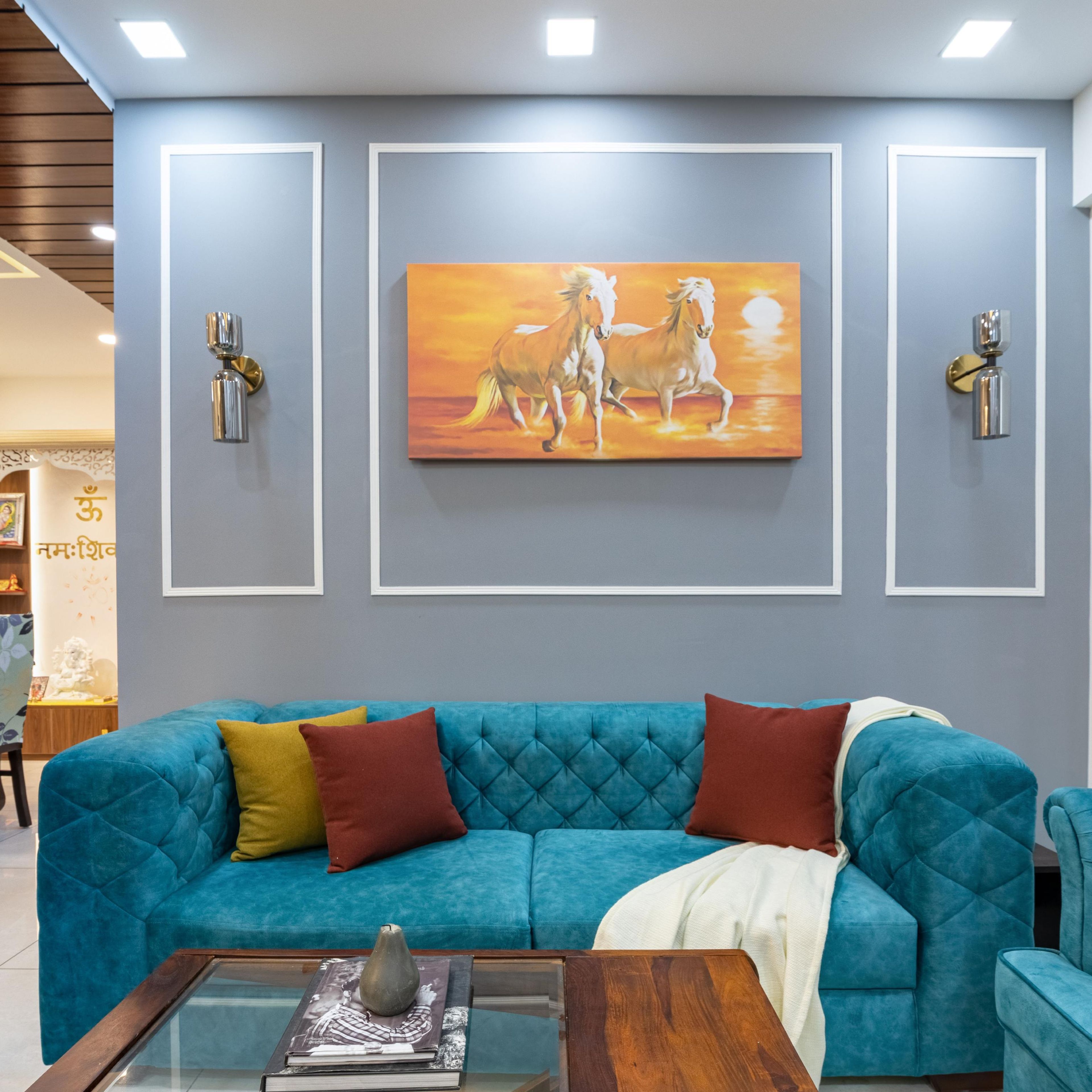 Wall Design With Blue Paint And Metallic Lights - Livspace