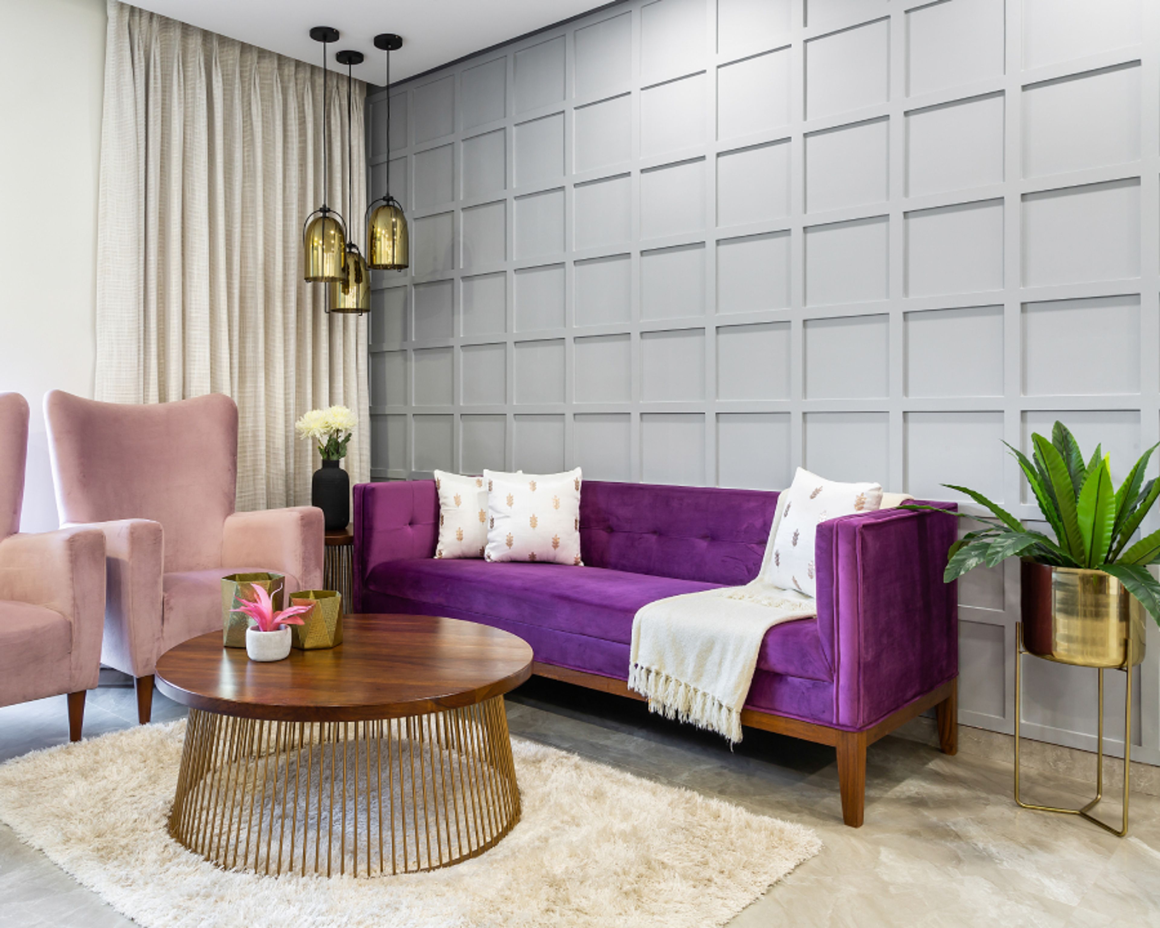 Grey Wall Paint Design With Pendant Lights - Livspace