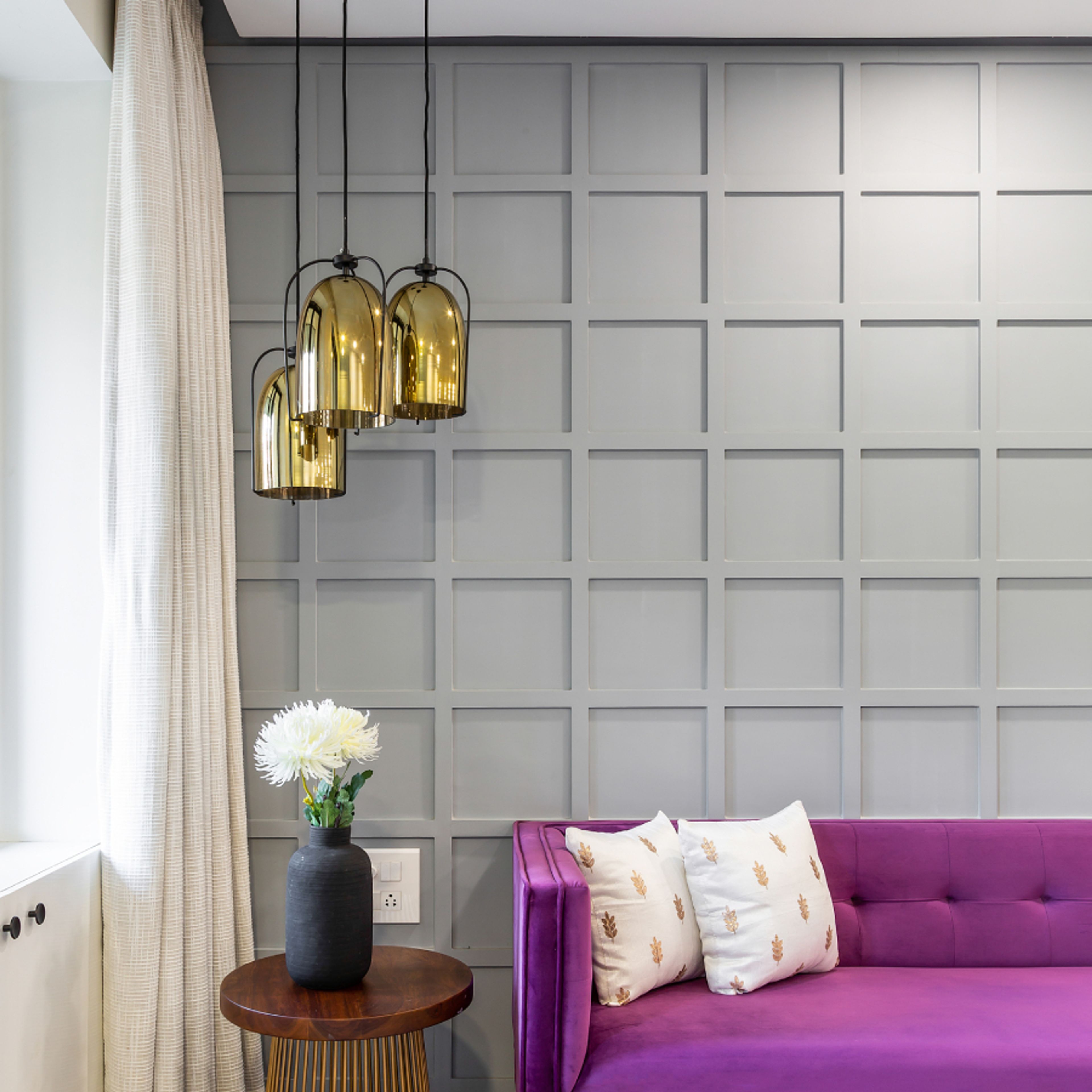 Grey Living Room Wall Paint With Square Blocks Paneling